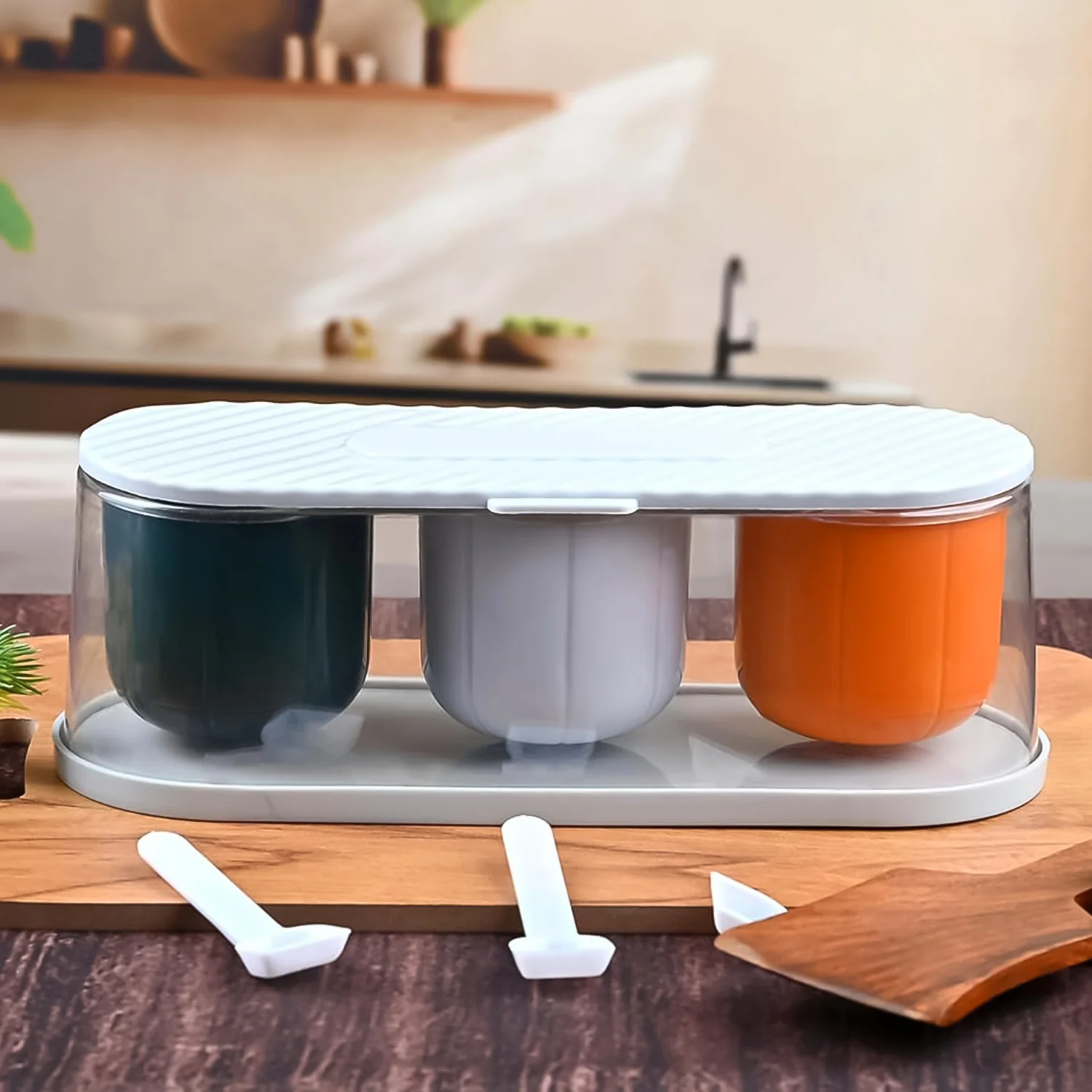 Home Kitchen 3 Grid Seasoning Spice / Masala Box Kit with Spoon (Multicolor / 1 Set) - Image 3
