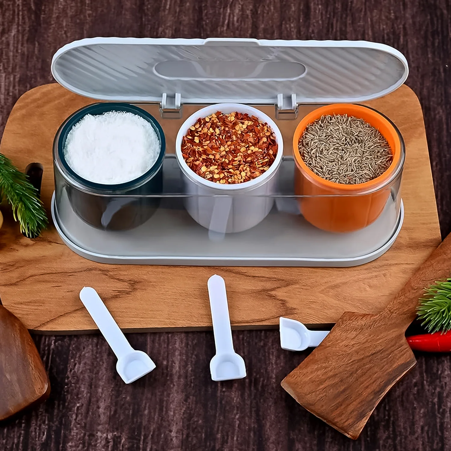 Home Kitchen 3 Grid Seasoning Spice / Masala Box Kit with Spoon (Multicolor / 1 Set) - Image 6