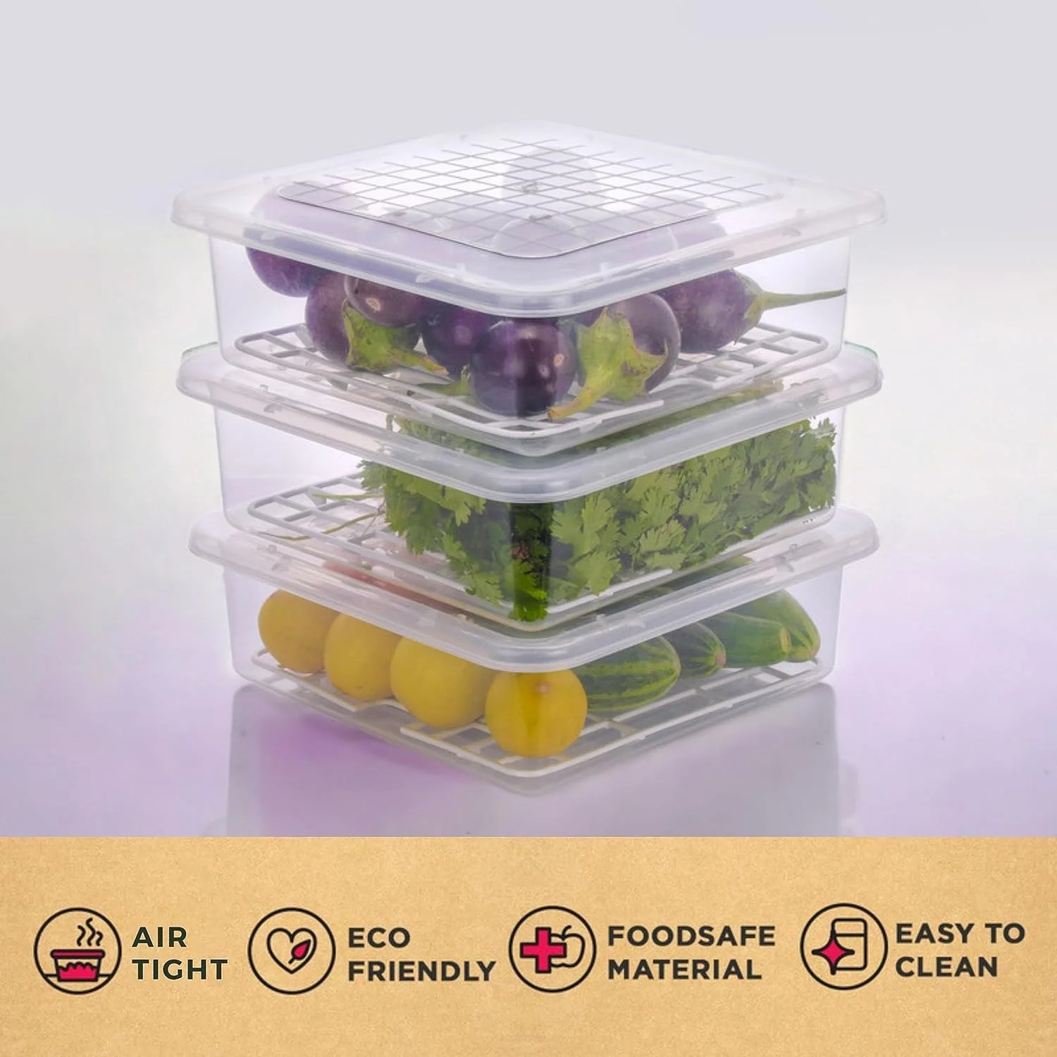 Plastic Food Storage Containers with Removable Drain Tray and Lid (3 Pcs Set) - Image 4