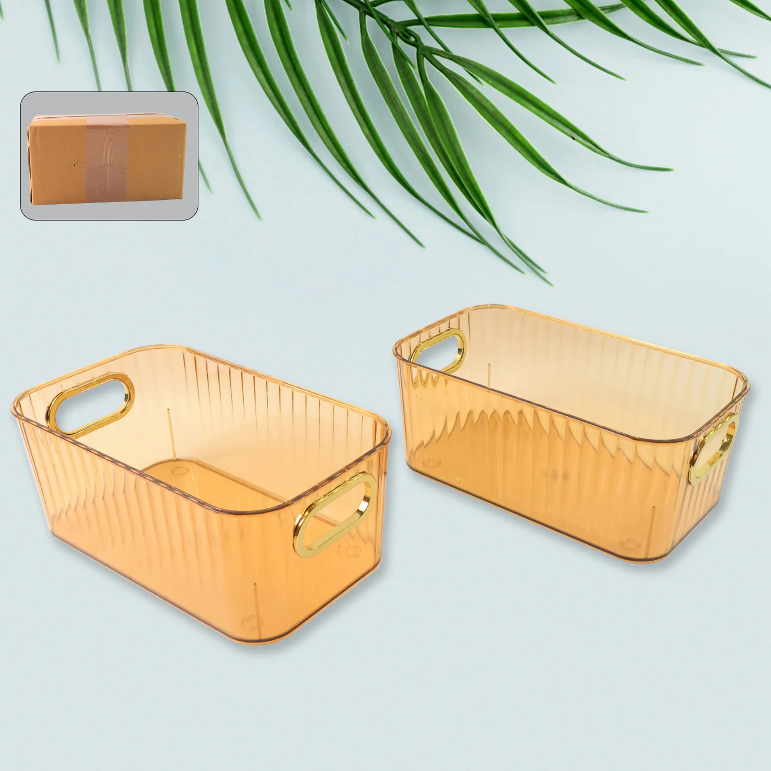 Premium Ribbed Transparent Storage Basket with Gold Handle 25×14 cm 2 Pc - Image 3
