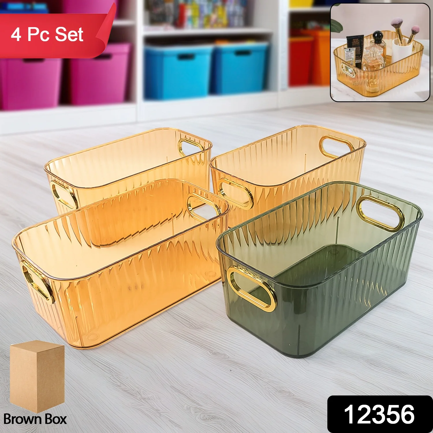 Premium Ribbed Transparent Storage Basket with Gold Handle  25×14 cm 4 Pc - Image 2
