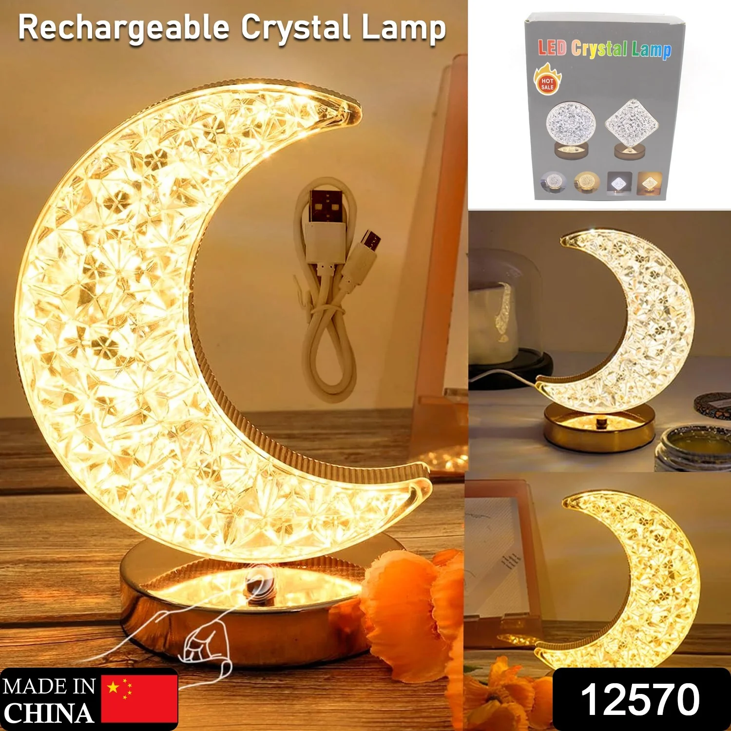 Moon Crystal Touch Table Lamp with 3 Color Dimmable USB Night Light - Image 2