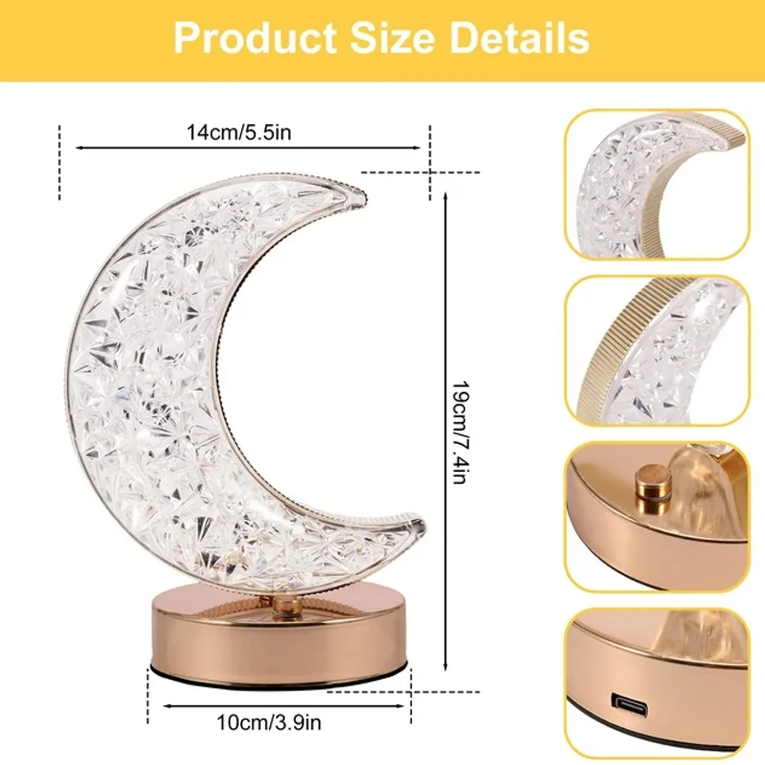 Moon Crystal Touch Table Lamp with 3 Color Dimmable USB Night Light - Image 4