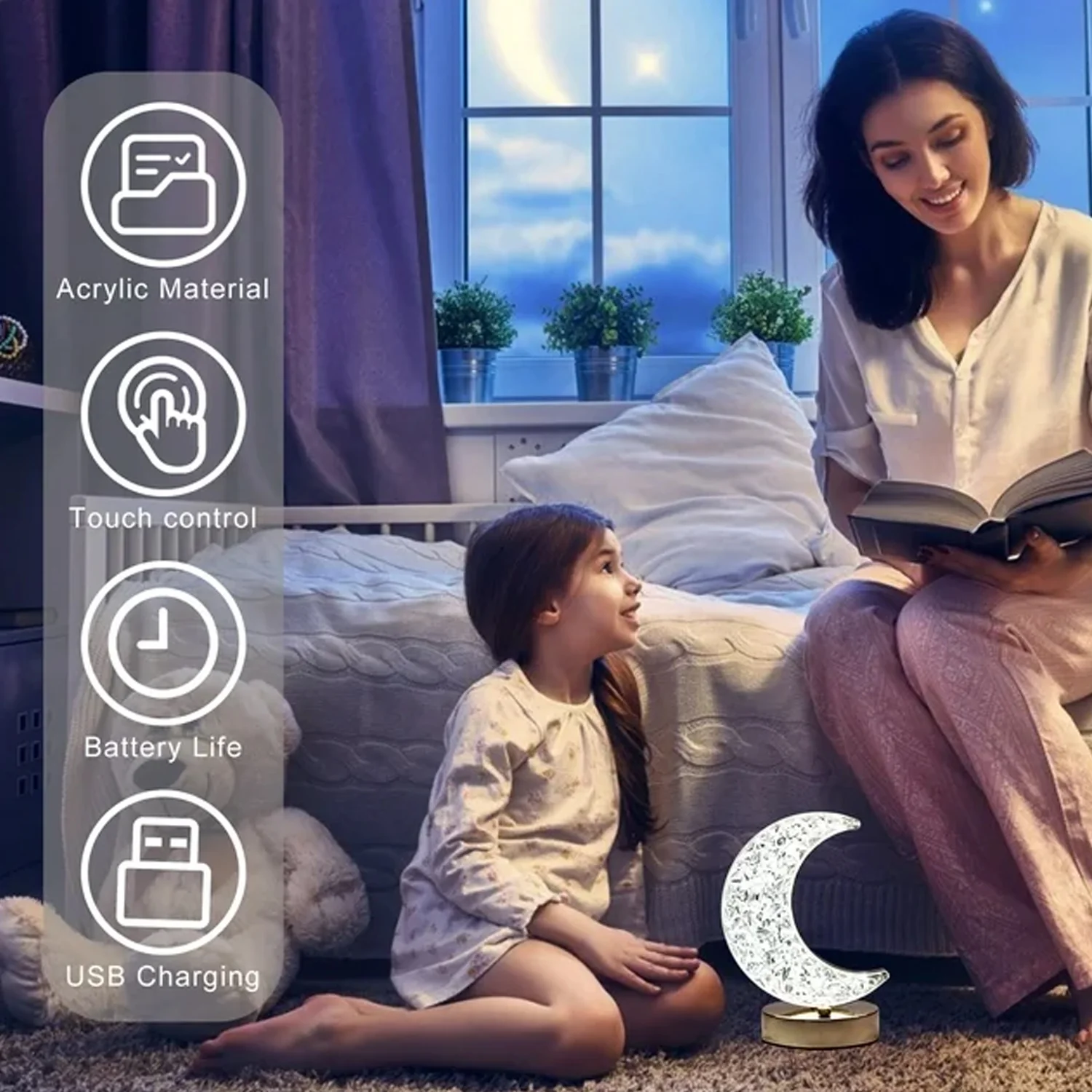 Moon Crystal Touch Table Lamp with 3 Color Dimmable USB Night Light - Image 5