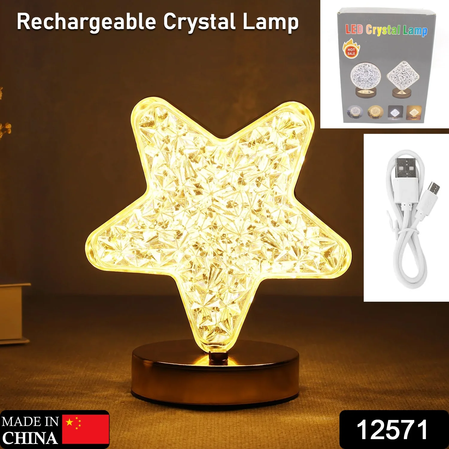 Star Crystal Diamond Touch Lamp – USB Rechargeable, 3-Way Dimmable - Image 2