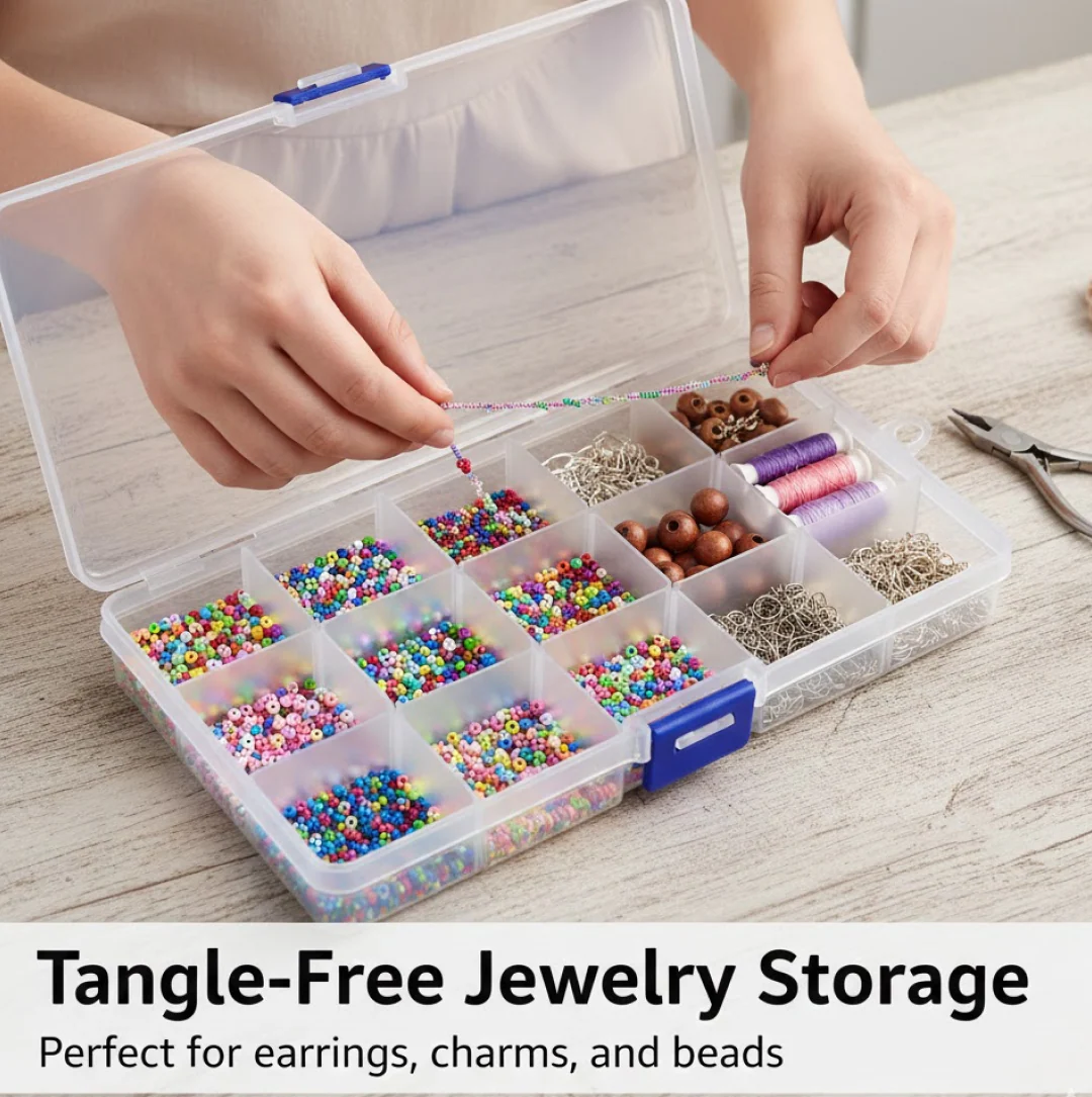 15-Grid Clear Plastic Jewelry Organizer Box with Dividers (1 Pc) - Image 3