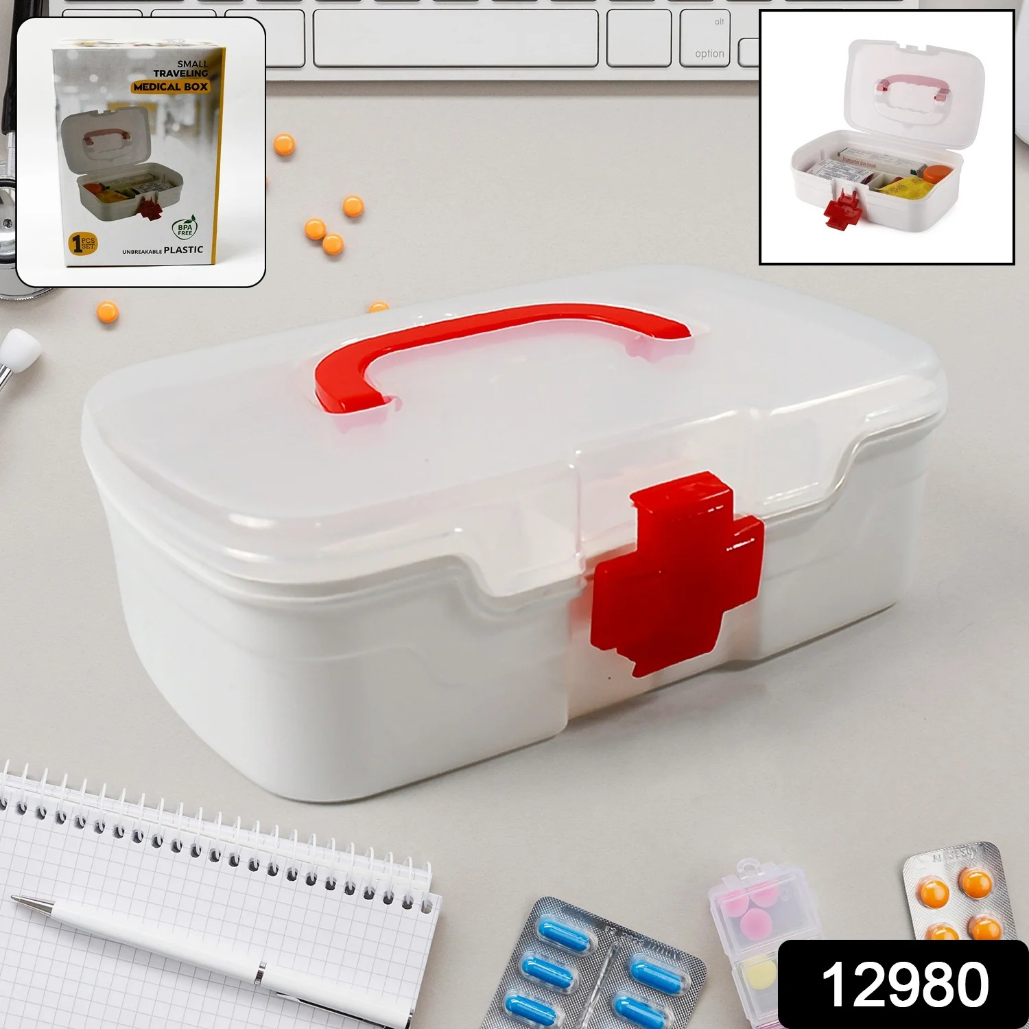 3-Compartment First Aid Box – Portable Medicine Storage with Tray & Clear Lid - Image 2