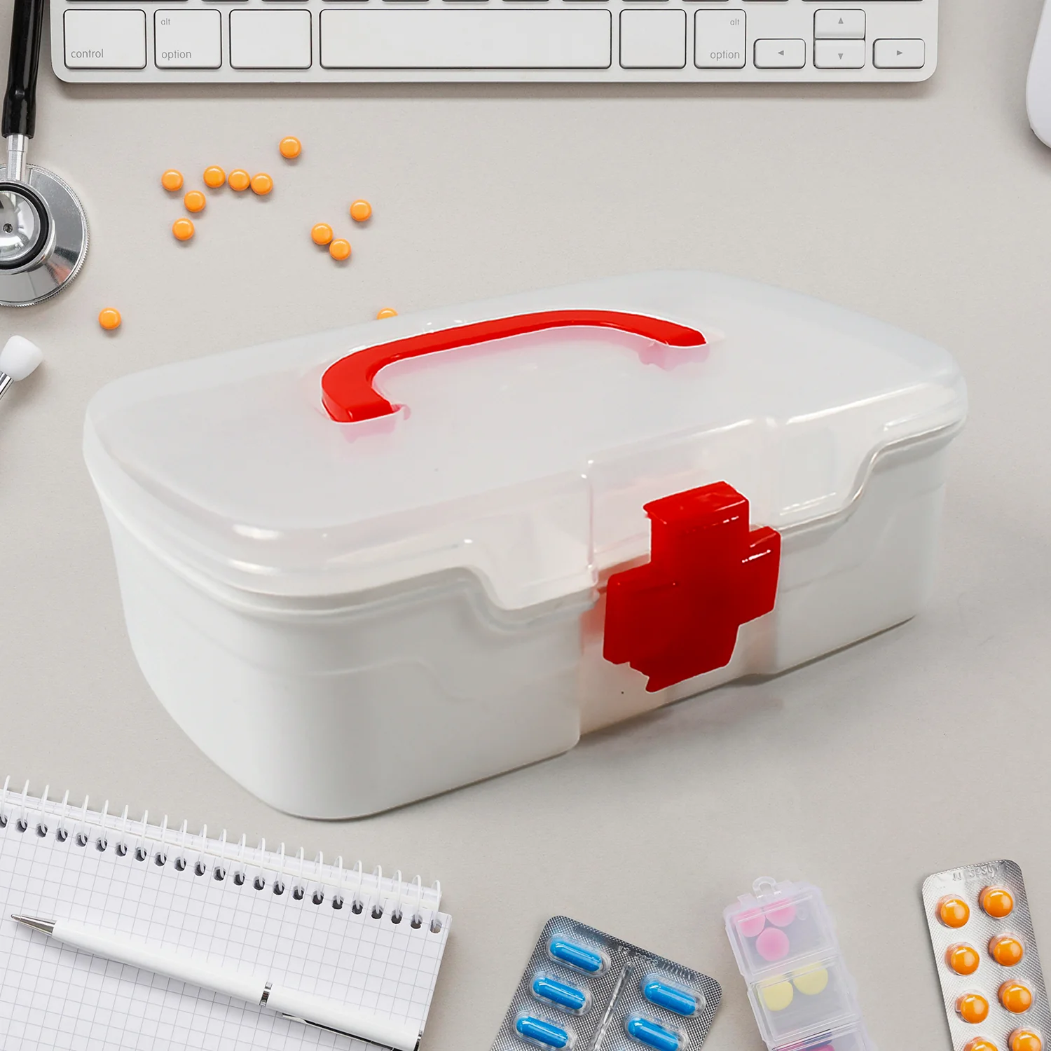 3-Compartment First Aid Box – Portable Medicine Storage with Tray & Clear Lid - Image 3
