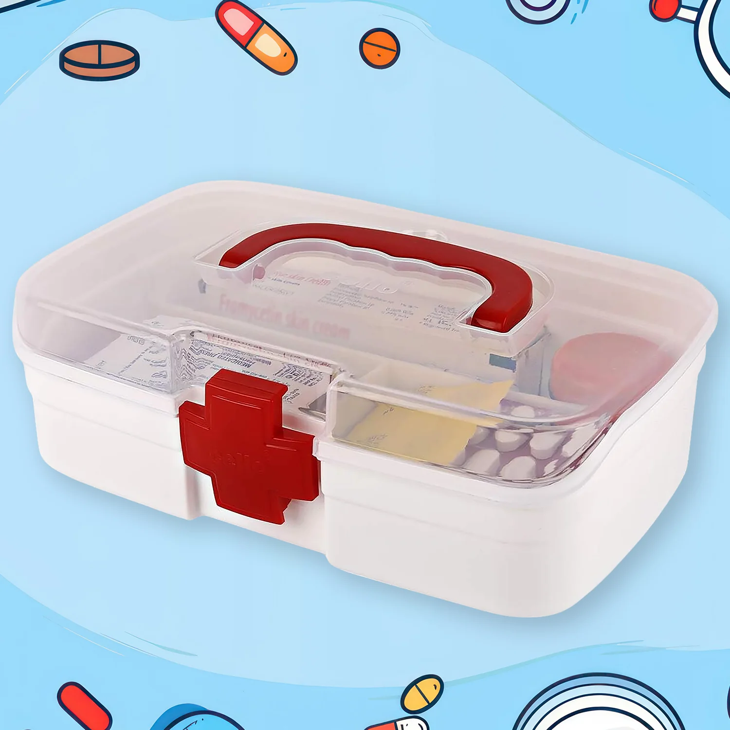3-Compartment First Aid Box – Portable Medicine Storage with Tray & Clear Lid - Image 5