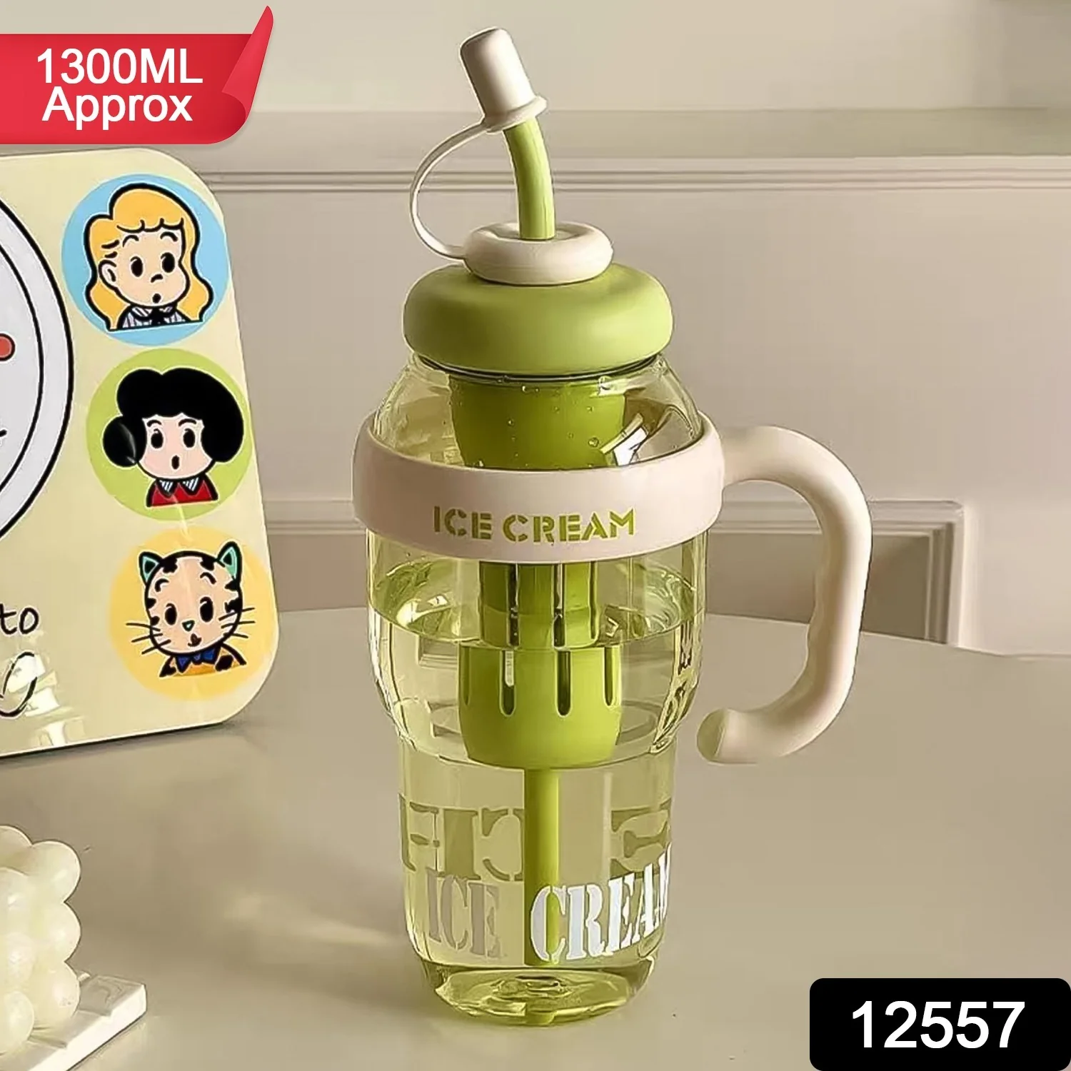 Approx 1300ML Large Capacity Cute Ice Cream Themed Water Bottle with Handle, Straw - Image 2