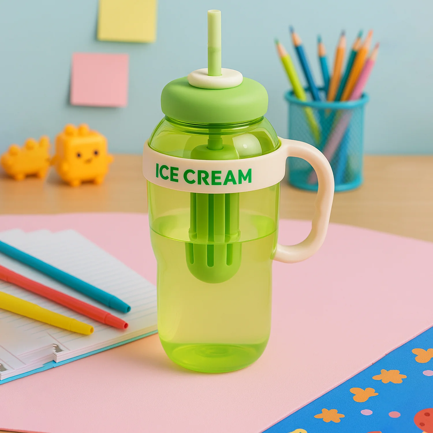 Approx 1300ML Large Capacity Cute Ice Cream Themed Water Bottle with Handle, Straw - Image 3