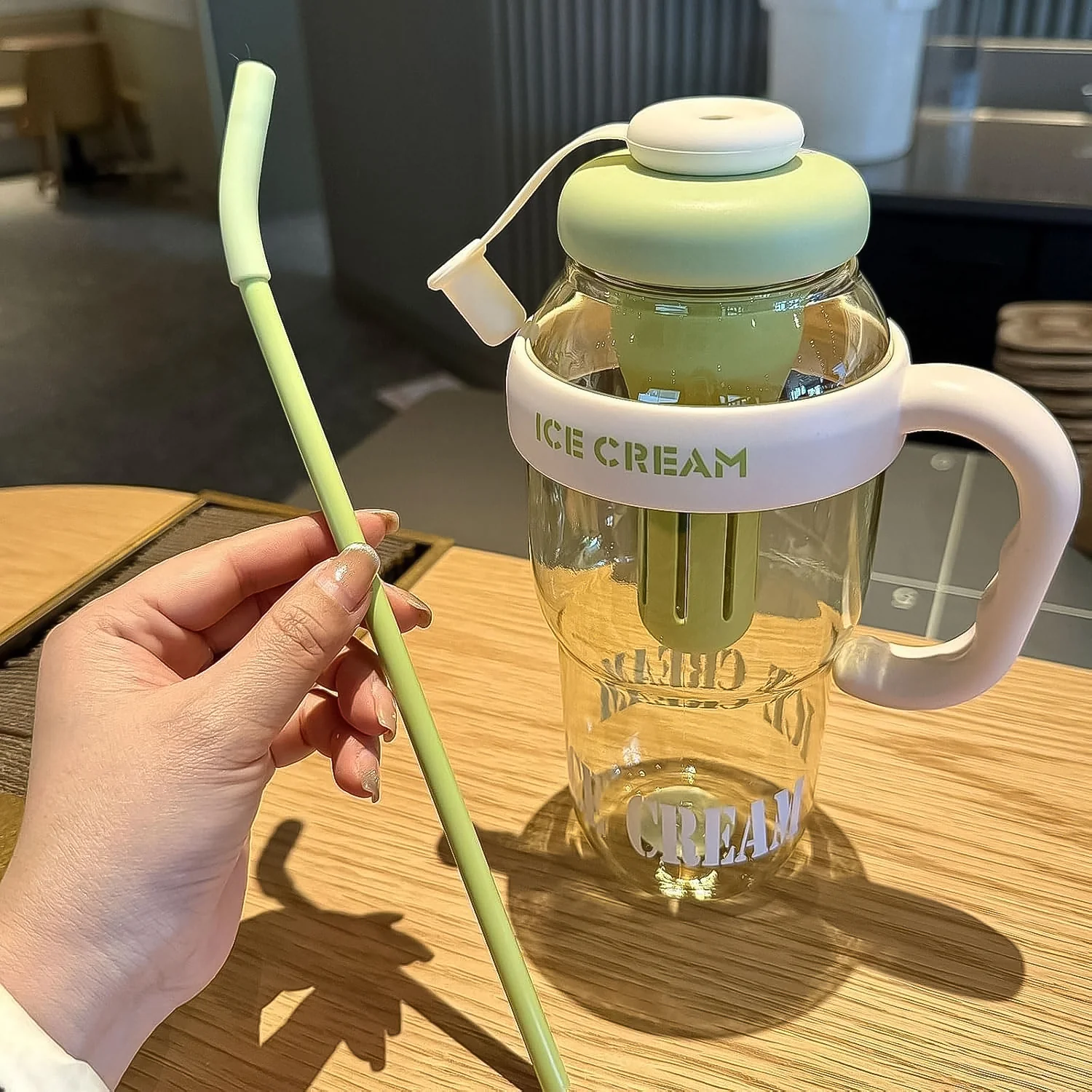 Approx 1300ML Large Capacity Cute Ice Cream Themed Water Bottle with Handle, Straw - Image 4