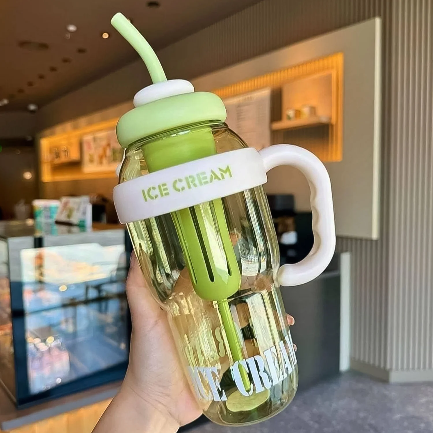 Approx 1300ML Large Capacity Cute Ice Cream Themed Water Bottle with Handle, Straw - Image 6
