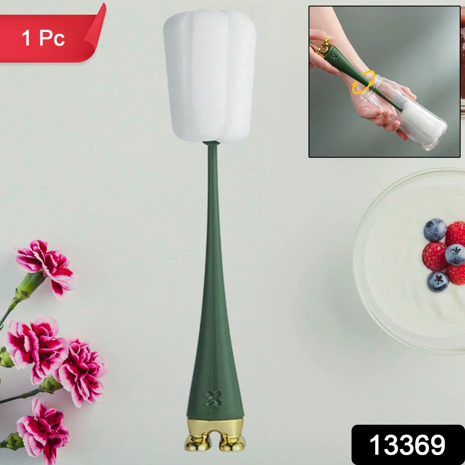 Multifunctional Silicone Bottle Cleaning Foam Brush with Plastic Long Handle (1 Pc) - Image 2