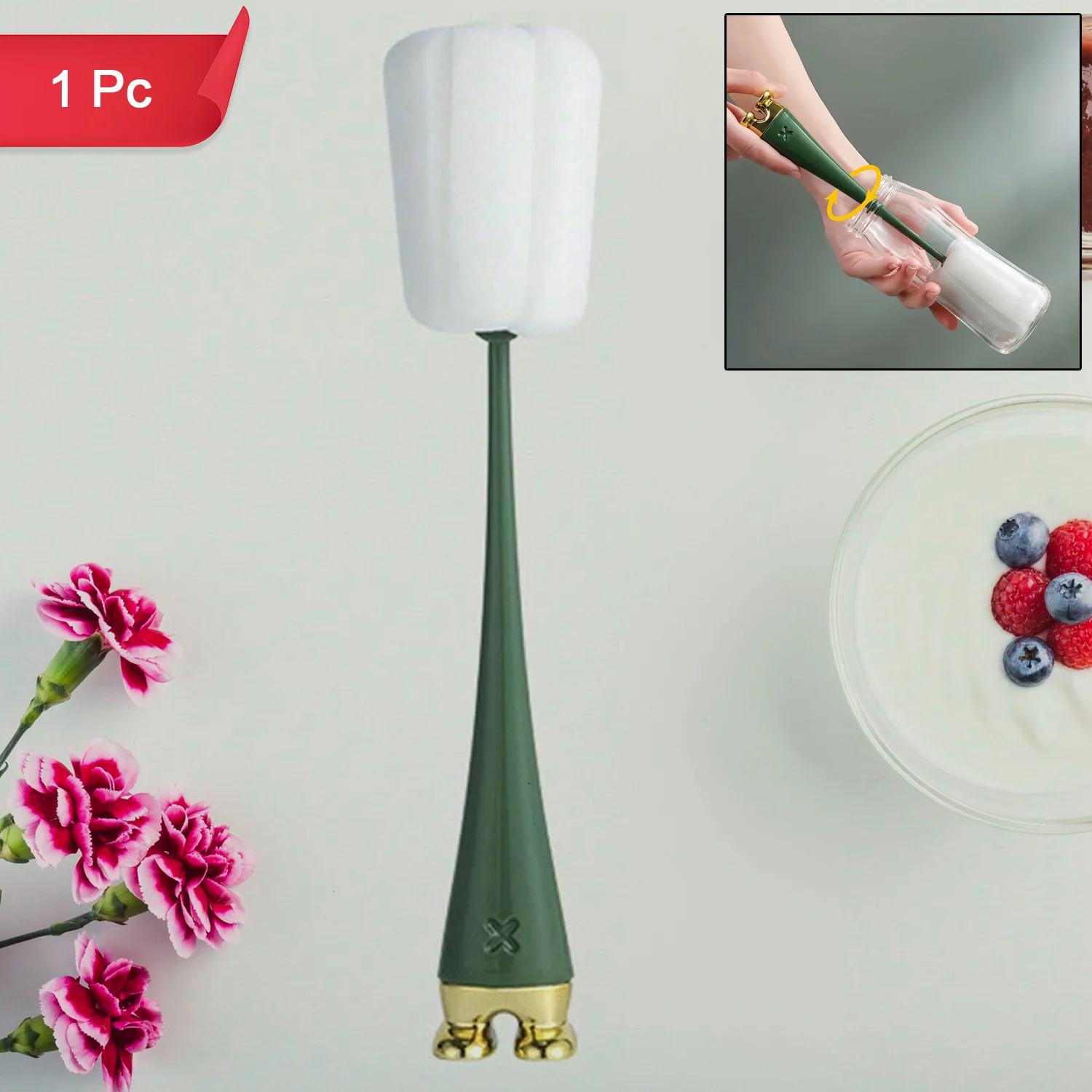Multifunctional Silicone Bottle Cleaning Foam Brush with Plastic Long Handle (1 Pc) - Image 3