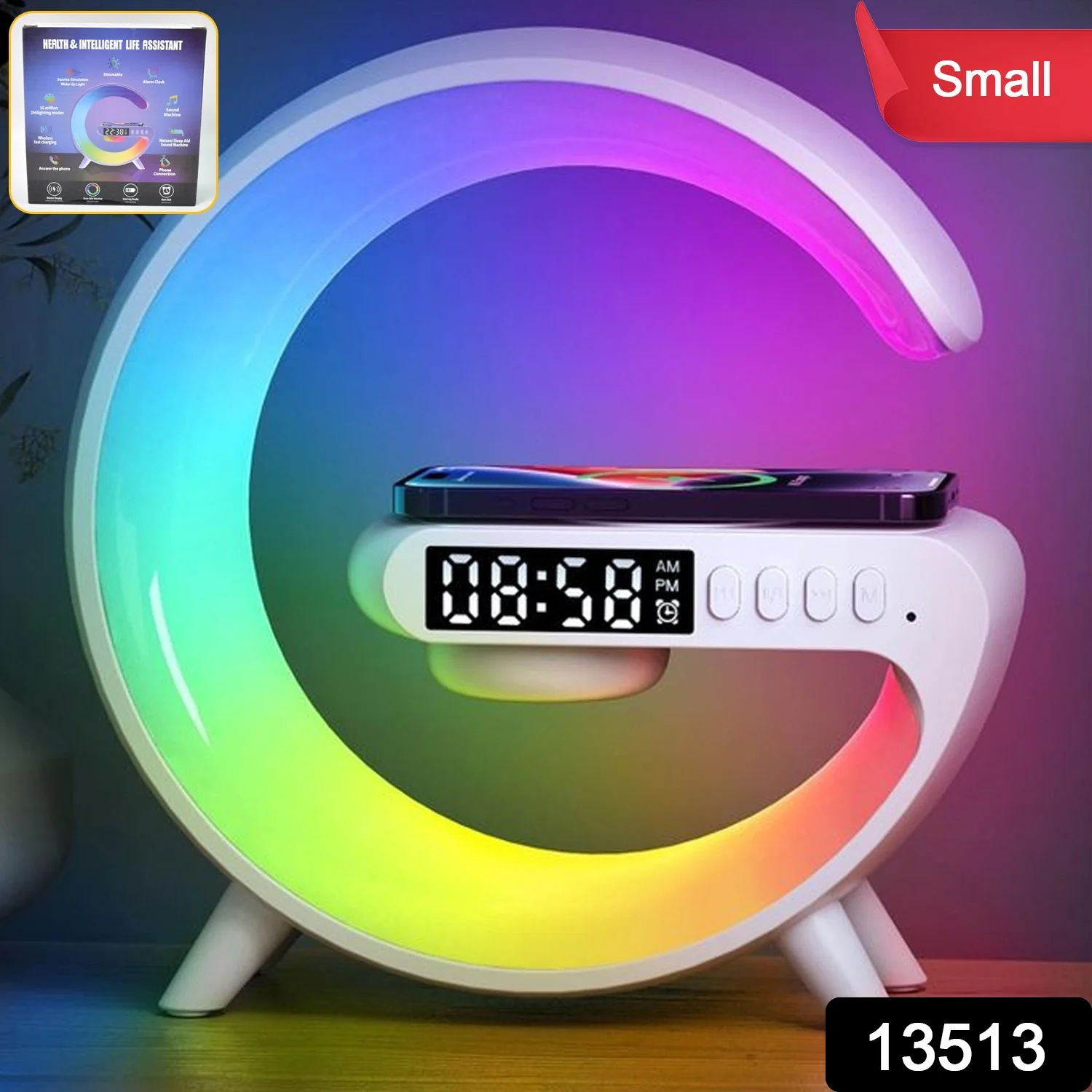 Smart Alarm Clock with G-Shape RGB Light Bluetooth Speaker, Wireless Charging (1 Pc) - Image 2