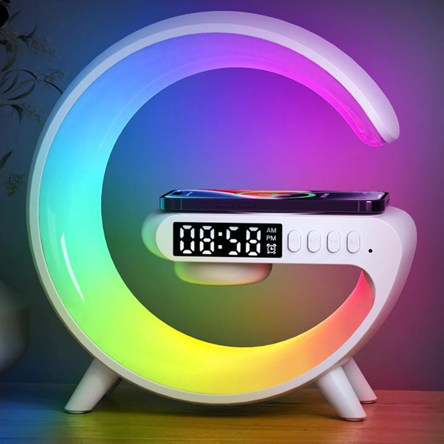 Smart Alarm Clock with G-Shape RGB Light Bluetooth Speaker, Wireless Charging (1 Pc) - Image 3
