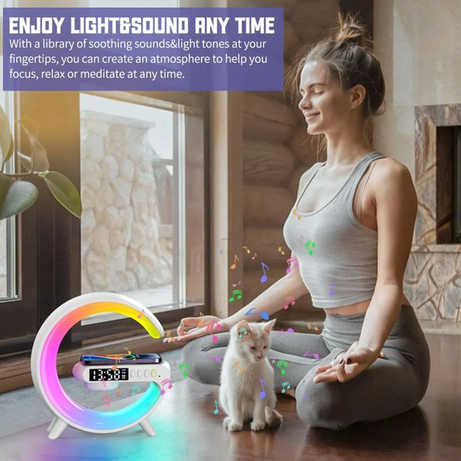 Smart Alarm Clock with G-Shape RGB Light Bluetooth Speaker, Wireless Charging (1 Pc) - Image 4