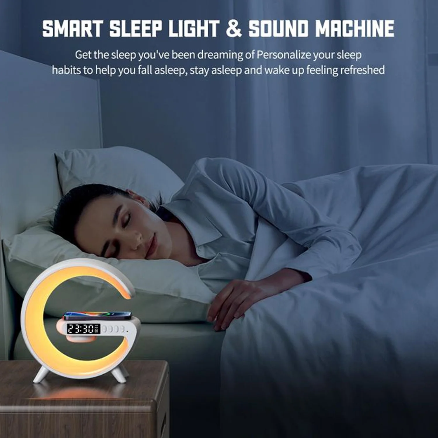 Smart Alarm Clock with G-Shape RGB Light Bluetooth Speaker, Wireless Charging (1 Pc) - Image 6