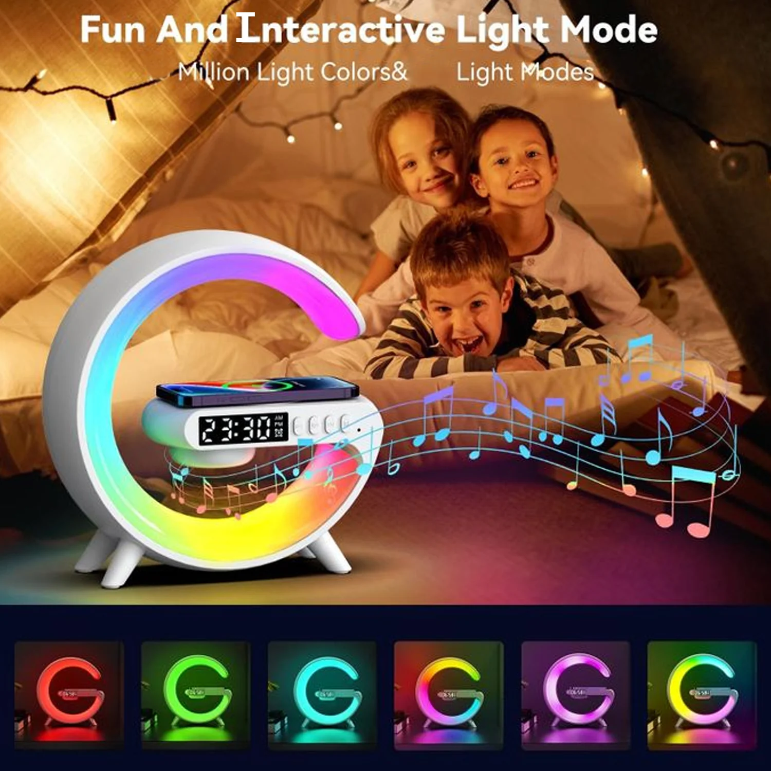 Smart Alarm Clock with G-Shape RGB Light Bluetooth Speaker, Wireless Charging (1 Pc) - Image 7