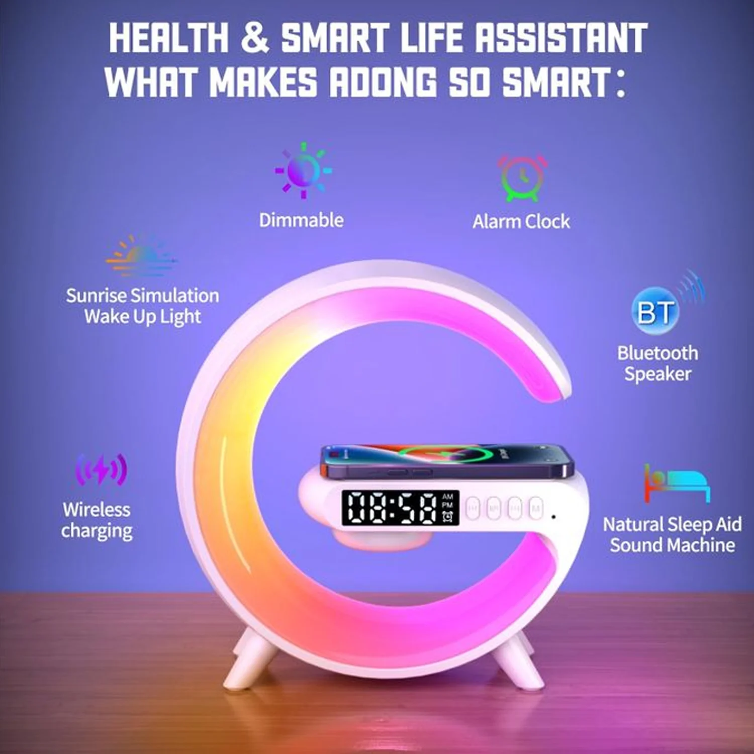 Smart Alarm Clock with G-Shape RGB Light Bluetooth Speaker, Wireless Charging (1 Pc) - Image 9