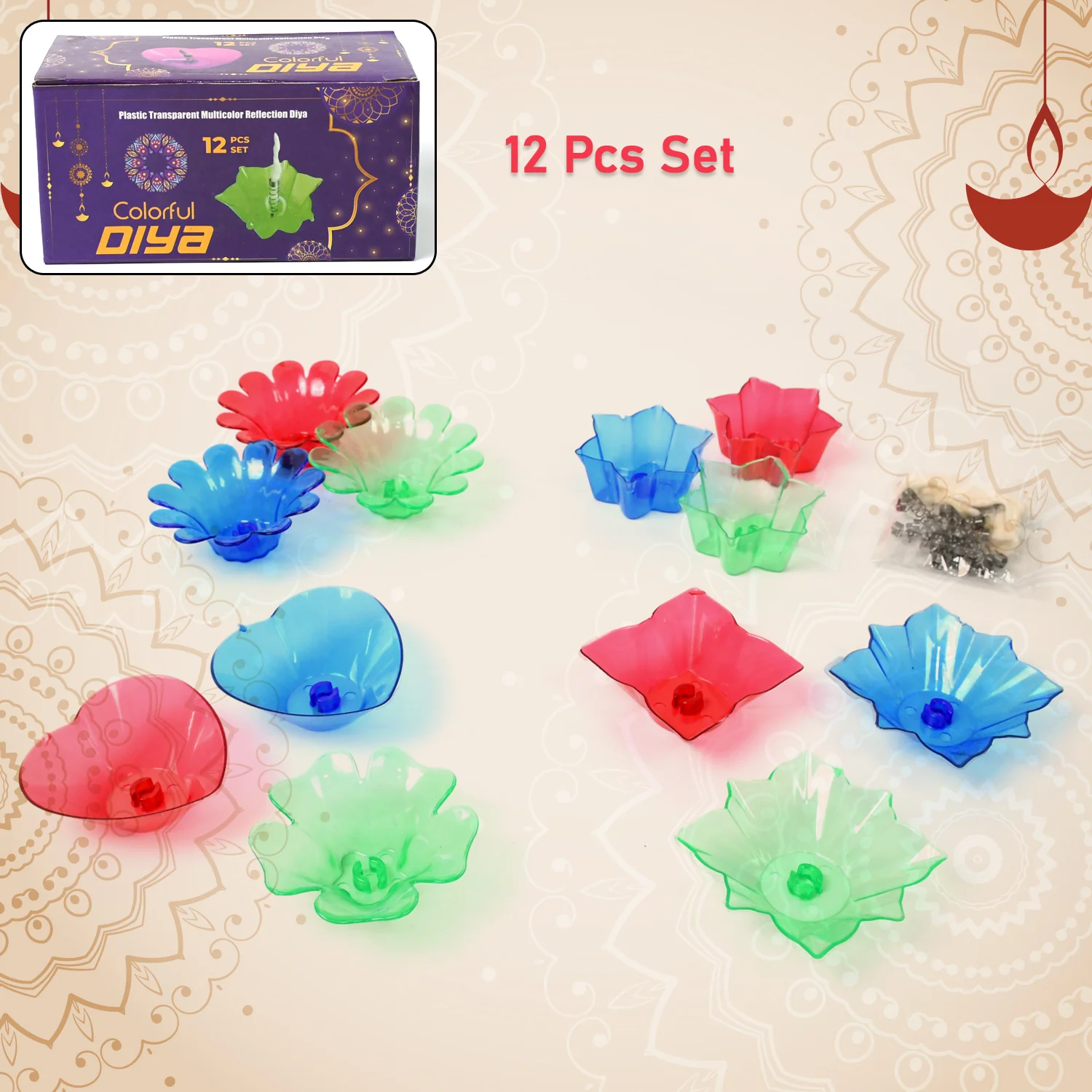 Colourful Reflection Diya Combo Plastic Candle Cup Multi Shape, Diwali (12 Pcs Set) - Image 2
