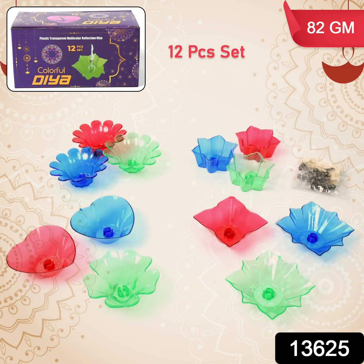 Colourful Reflection Diya Combo Plastic Candle Cup Multi Shape, Diwali (12 Pcs Set) - Image 3