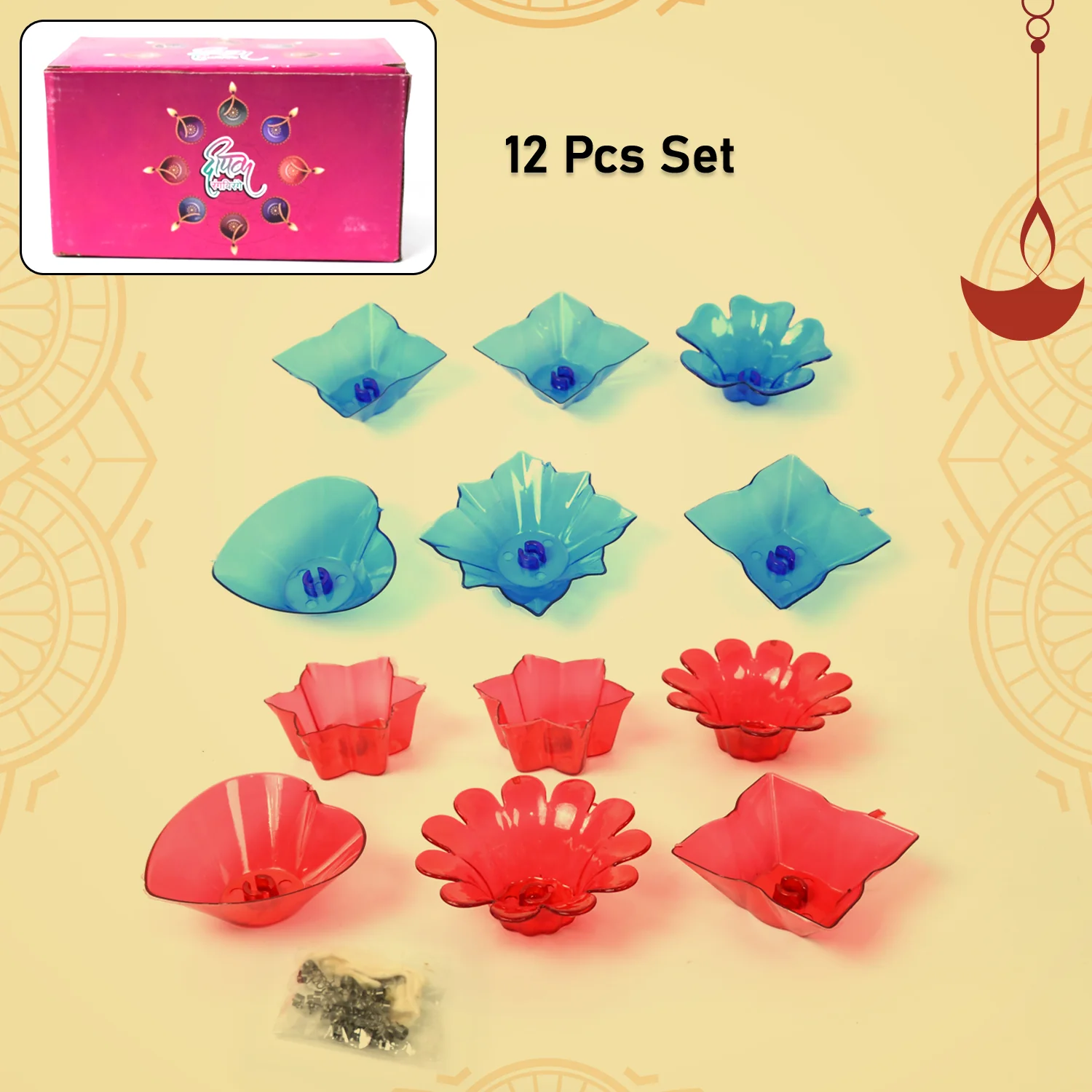 Reflection Diya Combo Plastic Candle Cup with Multi Shape, Diwali (12 Pcs Set) - Image 3
