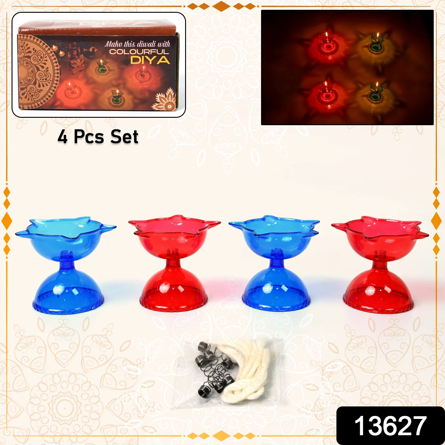Colourful Reflection Diya Combo Plastic Candle Cup Multi Shape, Diwali (4 Pcs Set) - Image 2