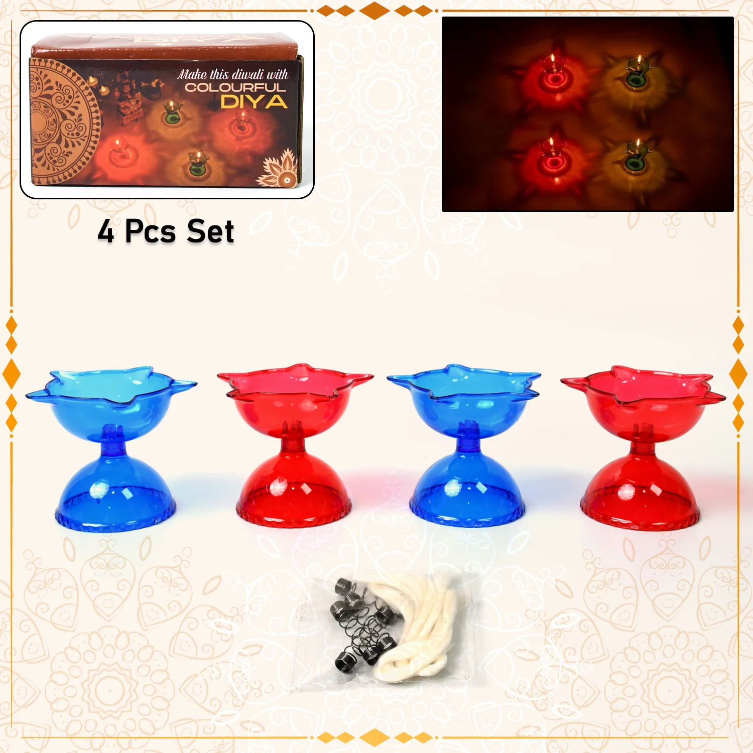Colourful Reflection Diya Combo Plastic Candle Cup Multi Shape, Diwali (4 Pcs Set) - Image 3