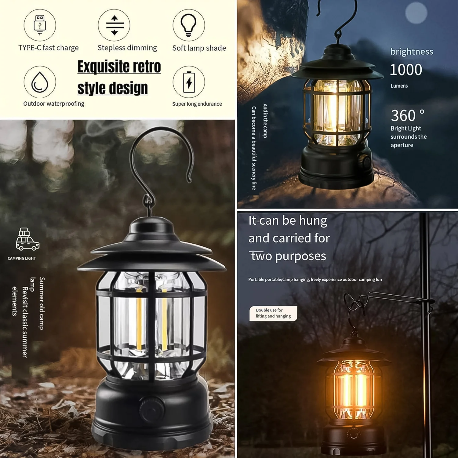 LED Camping Lante Light Retro Style Lighting Battery Type-c Rechargeable (1 Pc) - Image 5