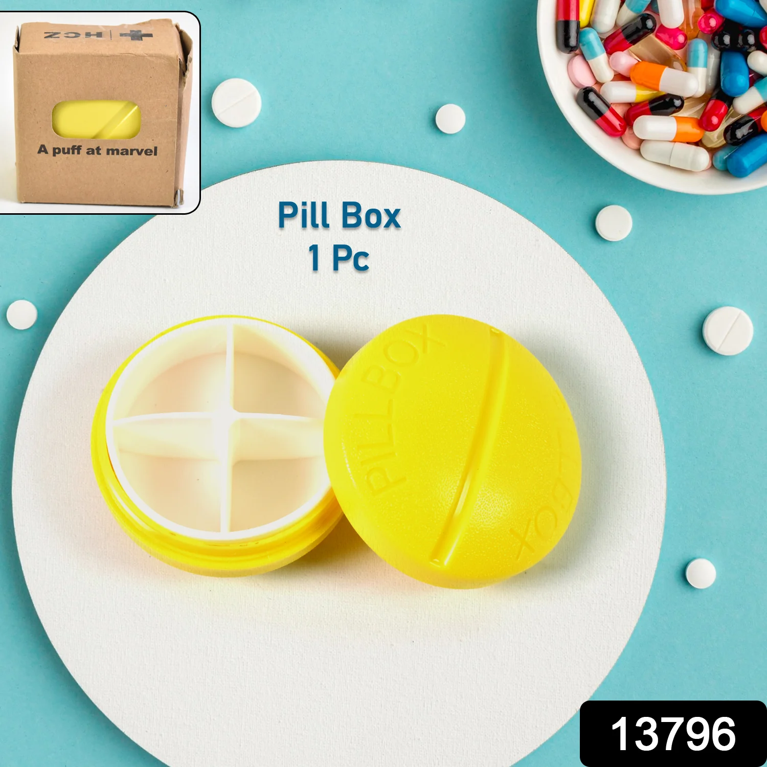 Portable Round Shape 4 Compartments Pill Box (1 Pc / With Brown Box) - Image 2