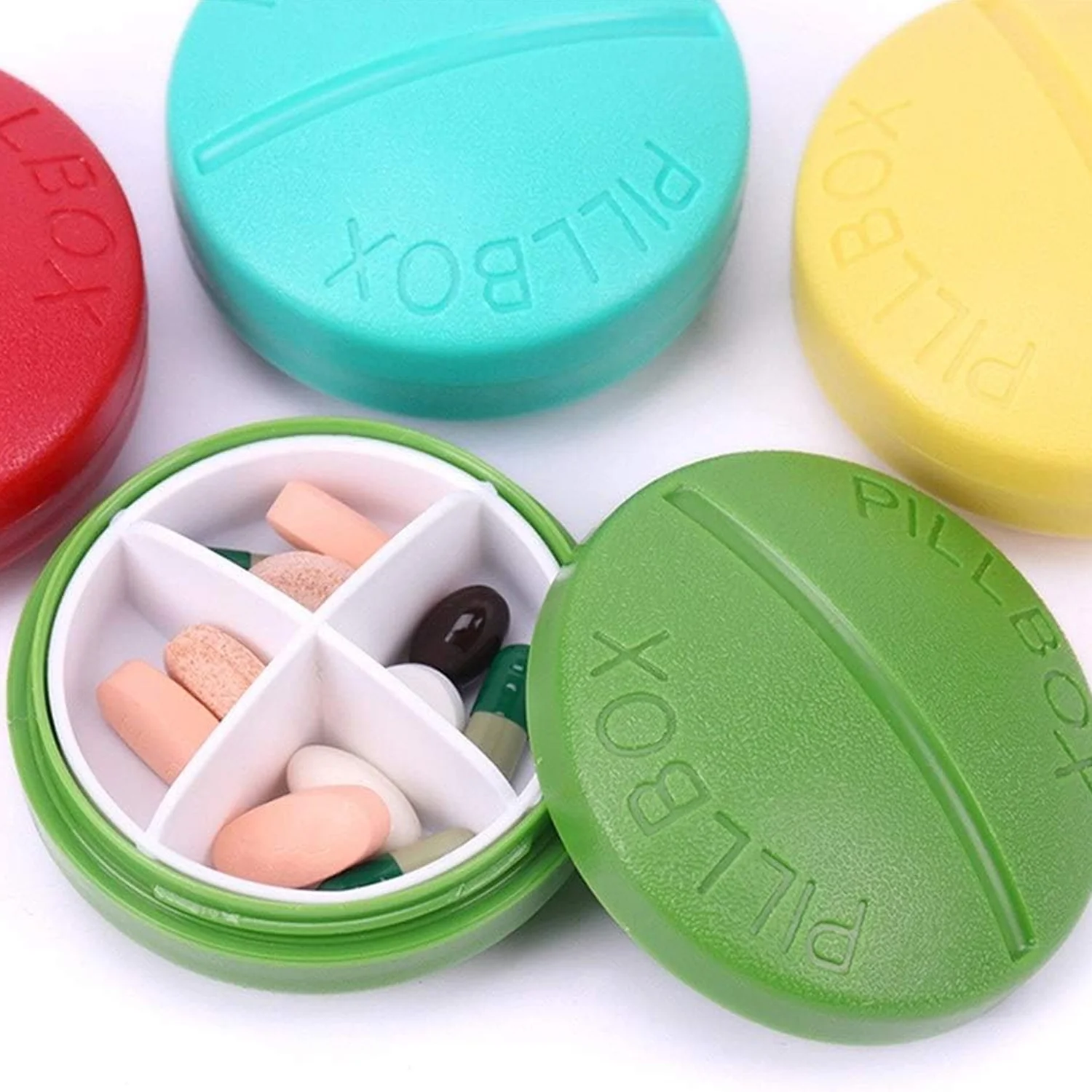 Portable Round Shape 4 Compartments Pill Box (1 Pc / With Brown Box) - Image 3