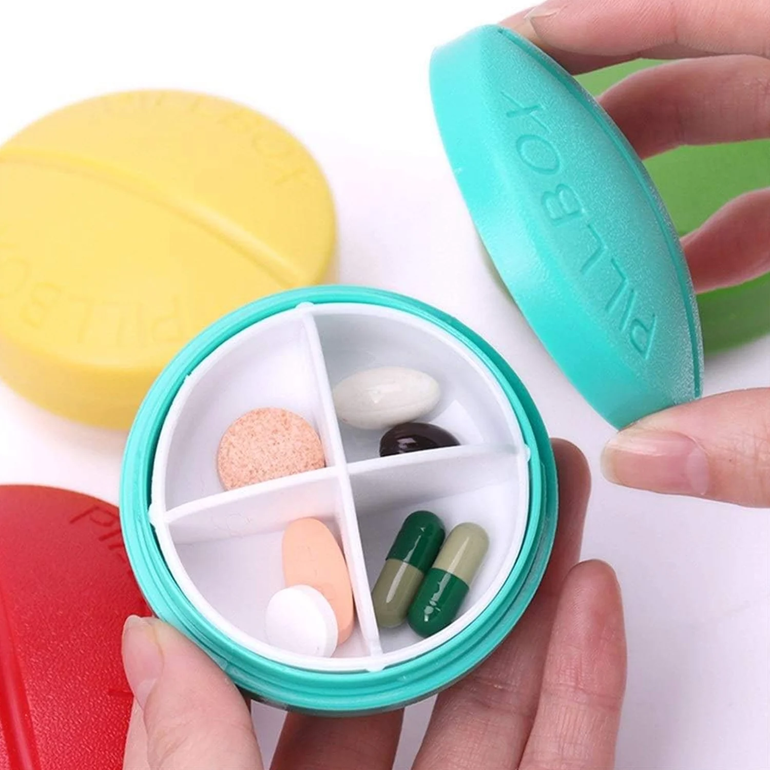 Portable Round Shape 4 Compartments Pill Box (1 Pc / With Brown Box) - Image 6
