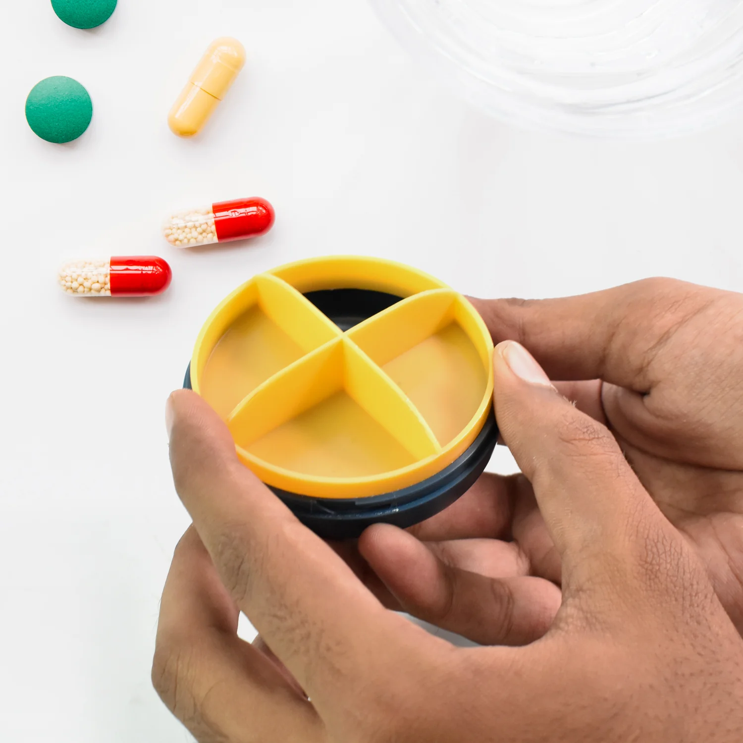 Portable Round Shape 4 Compartments Pill Box (1 Pc / With Color Box) - Image 3