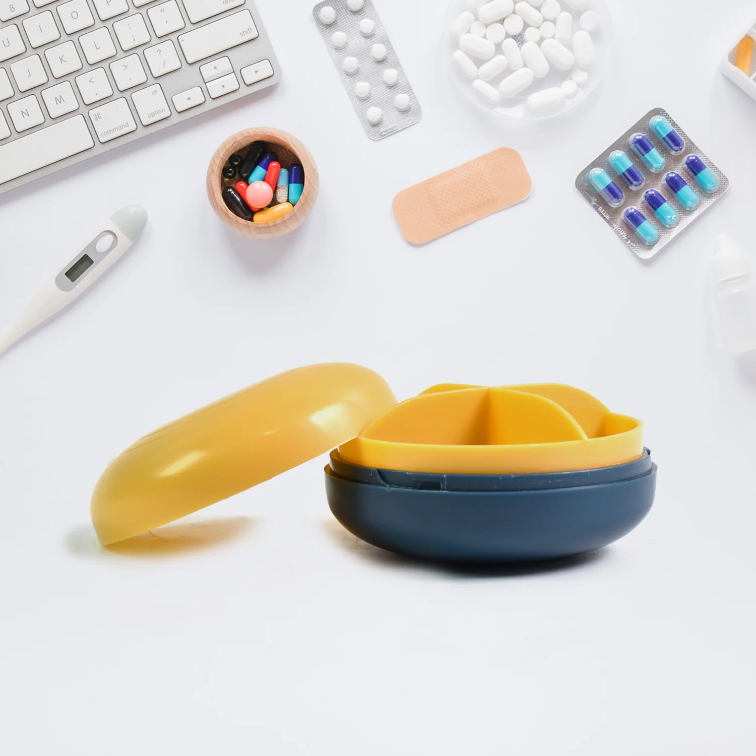 Portable Round Shape 4 Compartments Pill Box (1 Pc / With Color Box) - Image 4