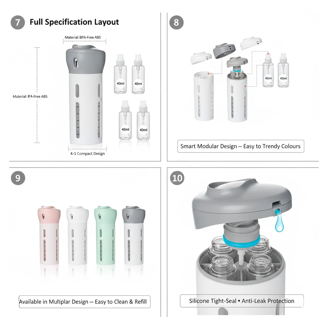 4 in 1 Travel Dispenser Bottle Set Travel Refillable Cosmetic Containers Set - Image 3