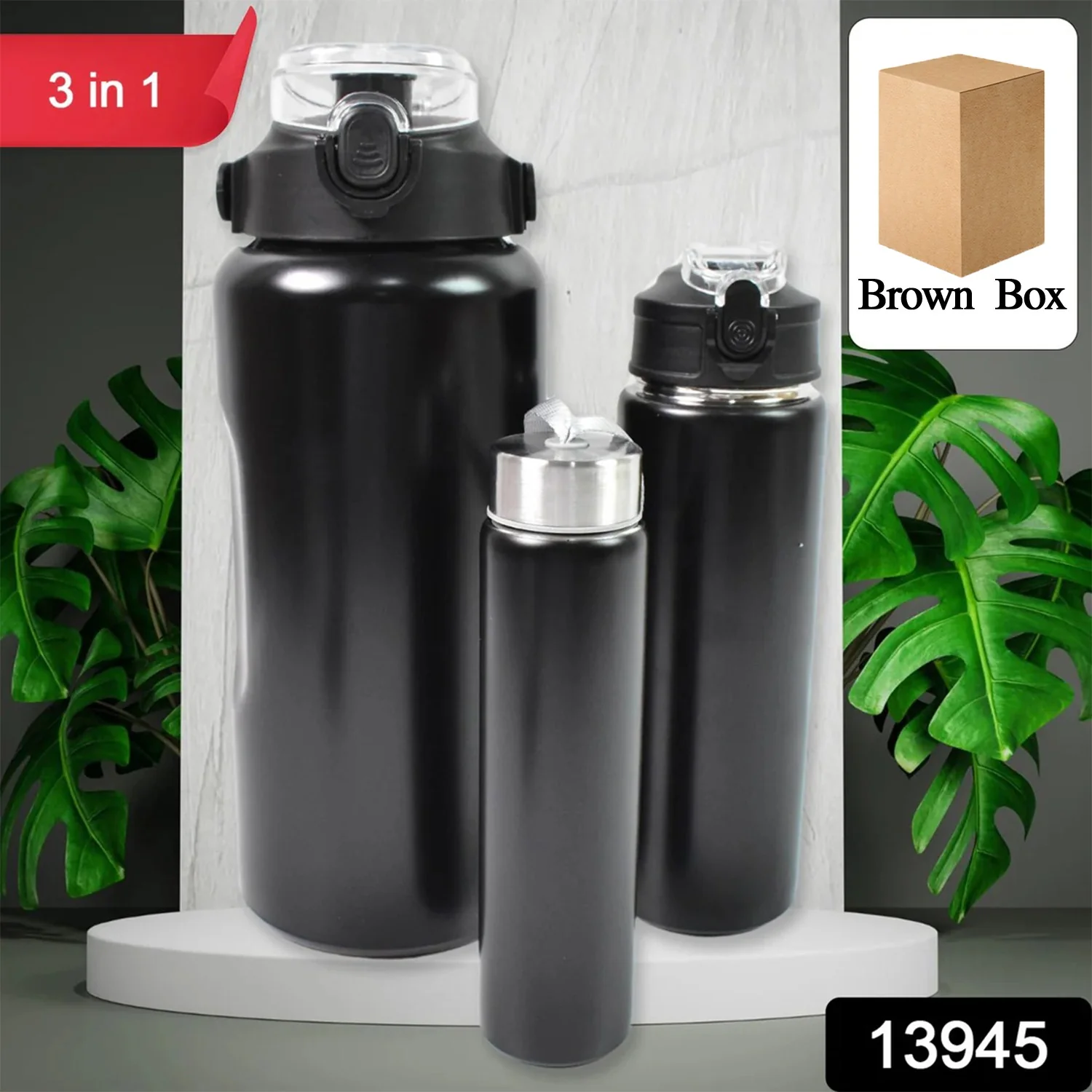 3 in 1 Stainless Steel Insulated Water Bottle – Double Wall Vacuum (3 Pcs Set) - Image 2