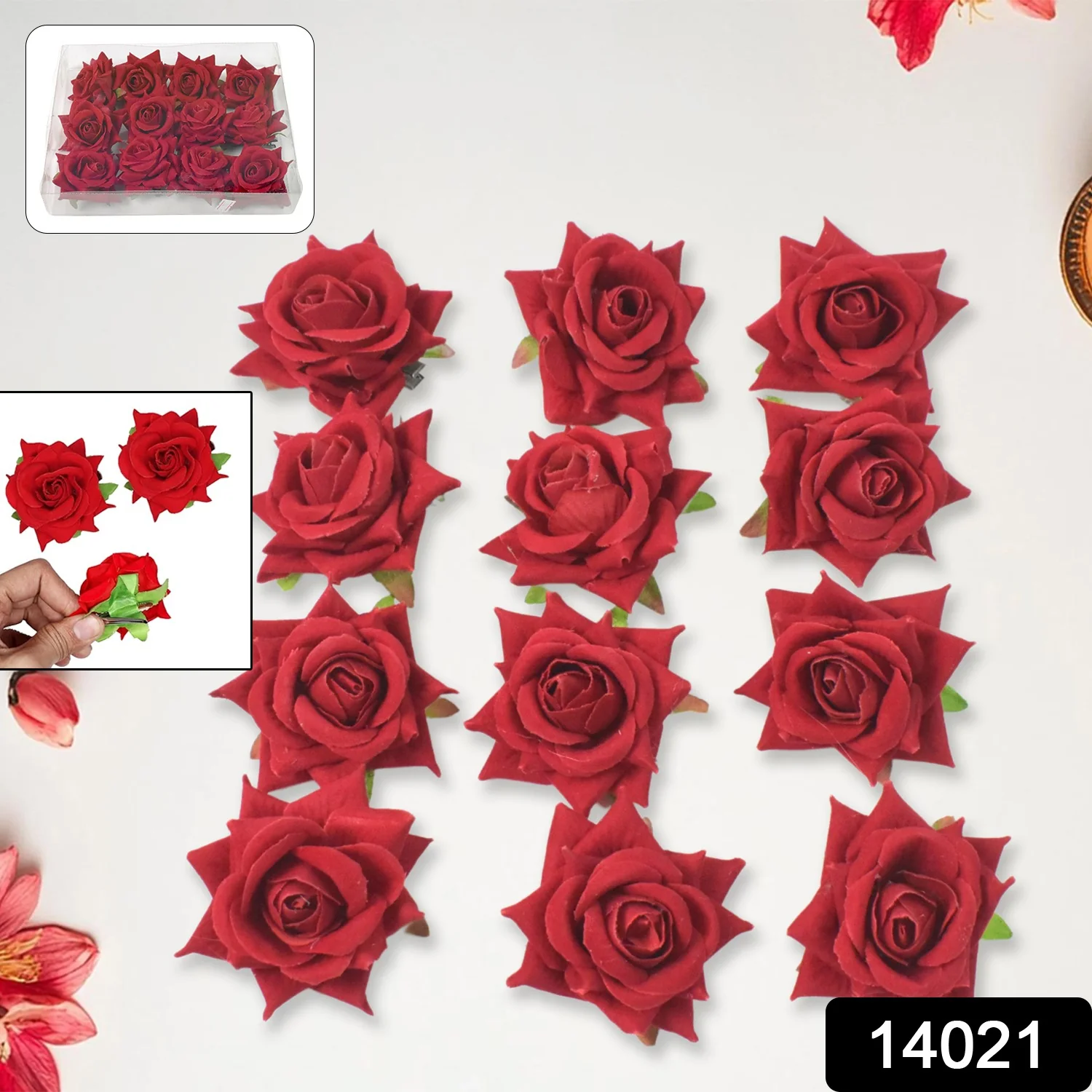 Flower Rose Hair Pin/Clip – Velvet Flower Design (12 Pcs Set, Red Color) - Image 2