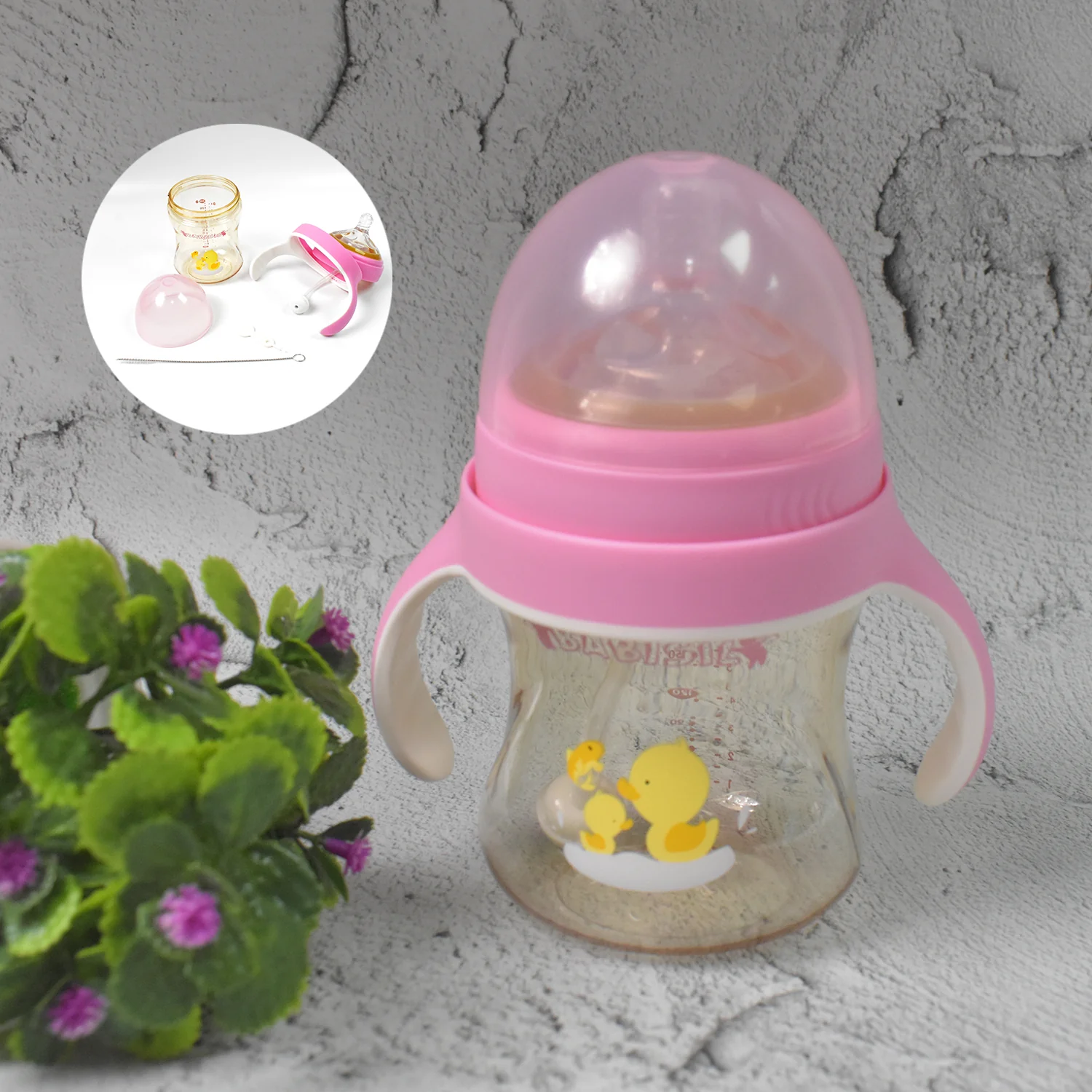 Plastic Baby Feeding Bottle with Handles, Cleaning brush & Straw (240 ML / 1 Pc) - Image 3