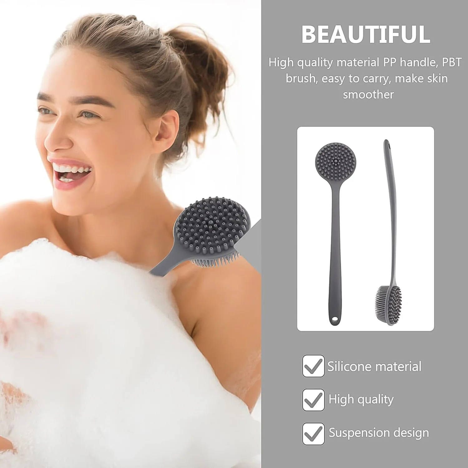 Silicone Back Scrubber Brush with Long Handle (1 Pc) - Image 4