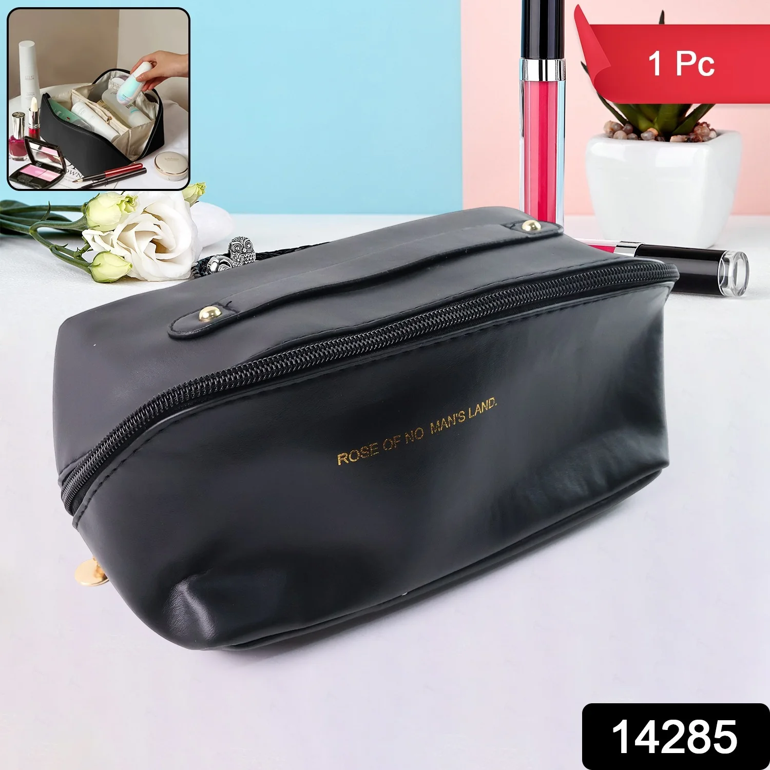 Premium Black Travel Makeup & Toiletry Organizer Pouch with Zipper & Handle (1 Pc) - Image 2