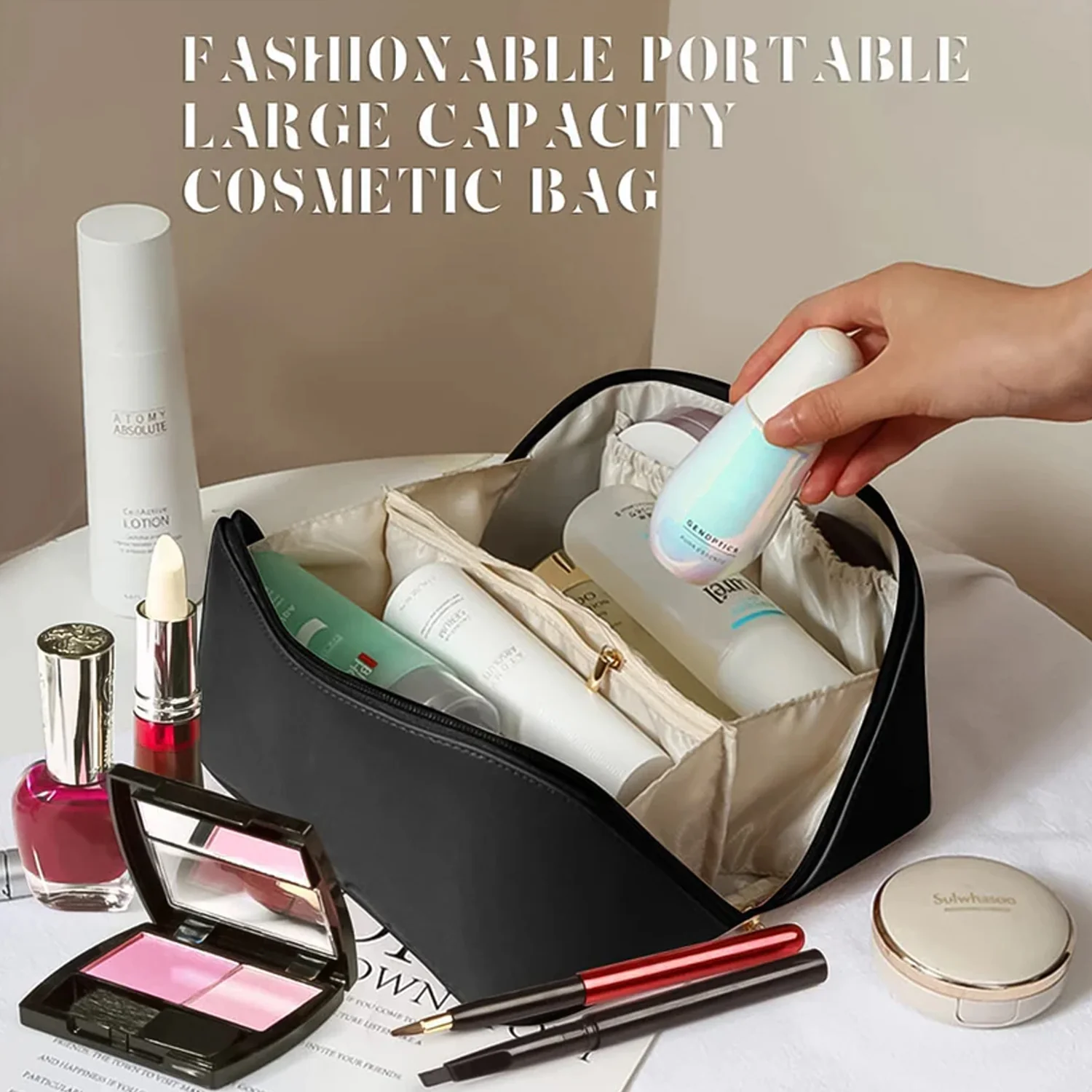 Premium Black Travel Makeup & Toiletry Organizer Pouch with Zipper & Handle (1 Pc) - Image 3