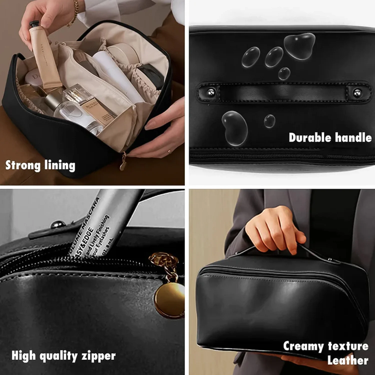 Premium Black Travel Makeup & Toiletry Organizer Pouch with Zipper & Handle (1 Pc) - Image 4