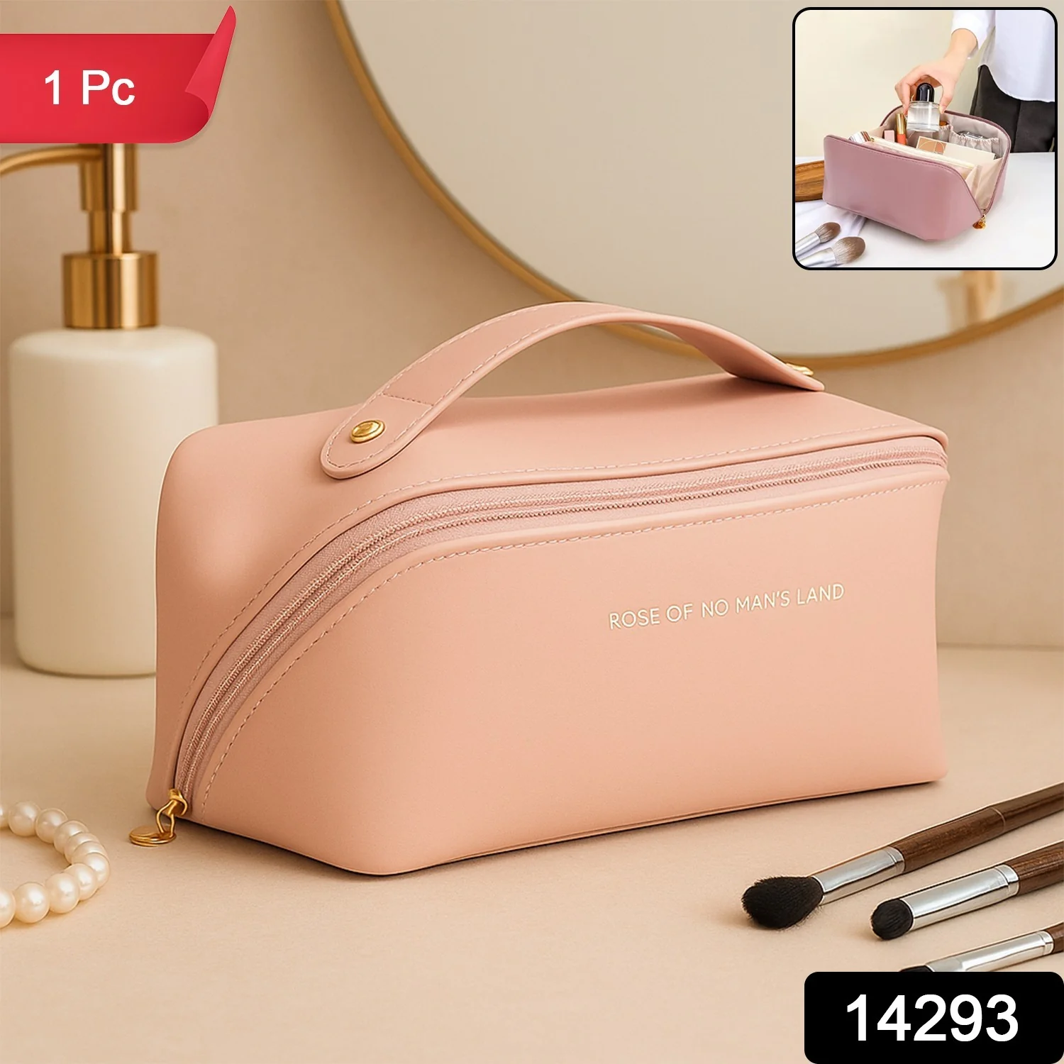 Premium Peach Travel Makeup & Toiletry Organizer Pouch with Zipper & Handle (1 Pc) - Image 2