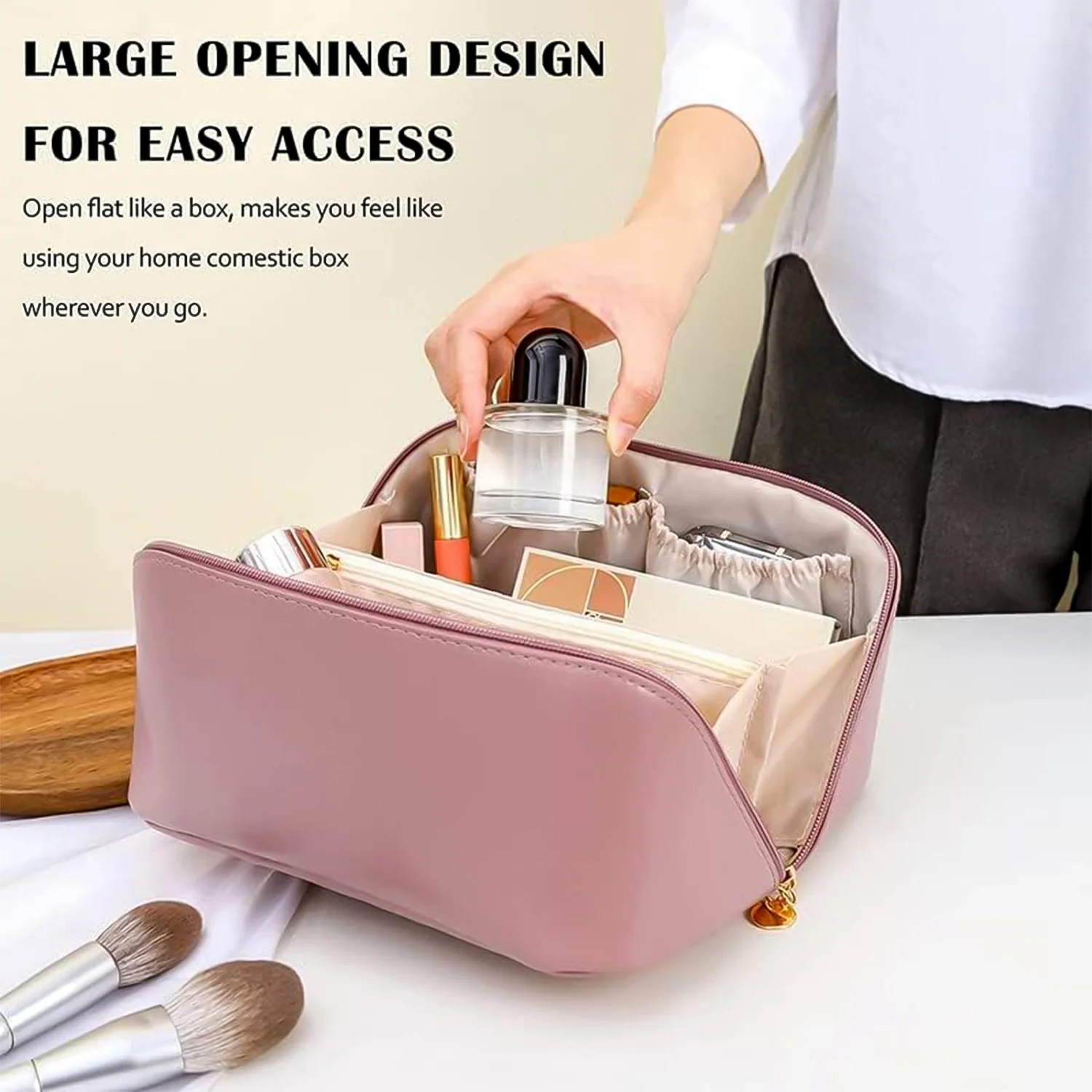 Premium Peach Travel Makeup & Toiletry Organizer Pouch with Zipper & Handle (1 Pc) - Image 6