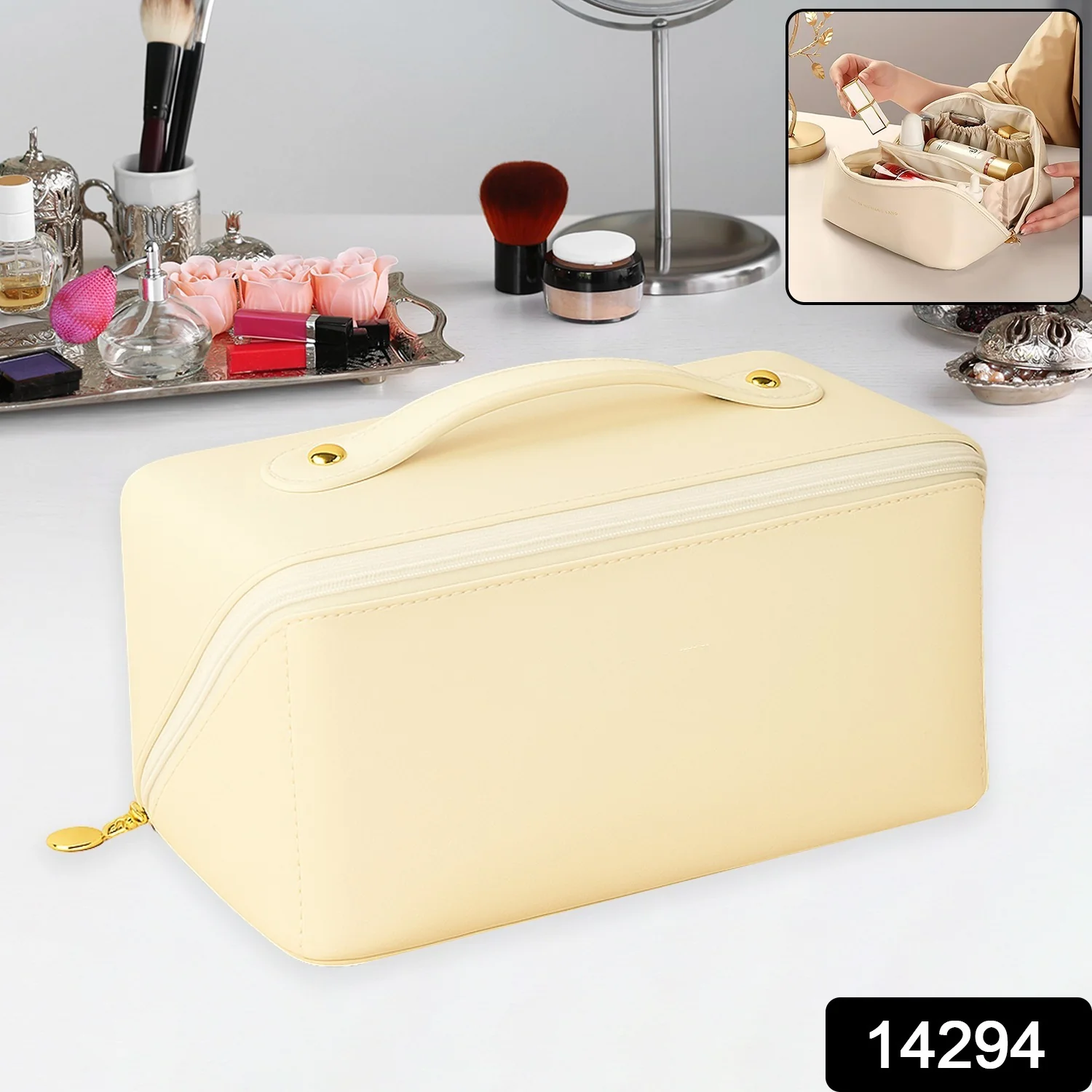 Premium Cream Travel Makeup & Toiletry Organizer Pouch with Zipper & Handle (1 Pc) - Image 2