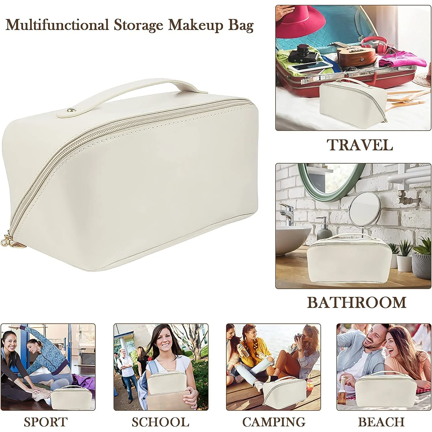 Premium Cream Travel Makeup & Toiletry Organizer Pouch with Zipper & Handle (1 Pc) - Image 3