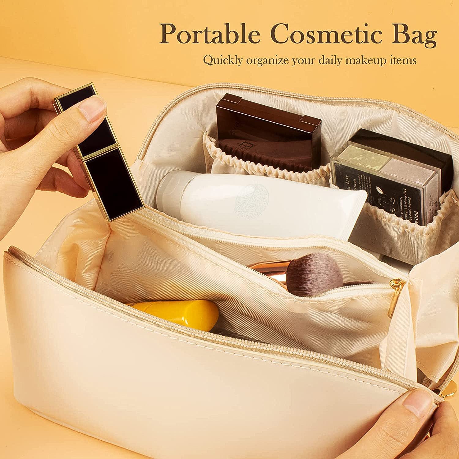 Premium Cream Travel Makeup & Toiletry Organizer Pouch with Zipper & Handle (1 Pc) - Image 4