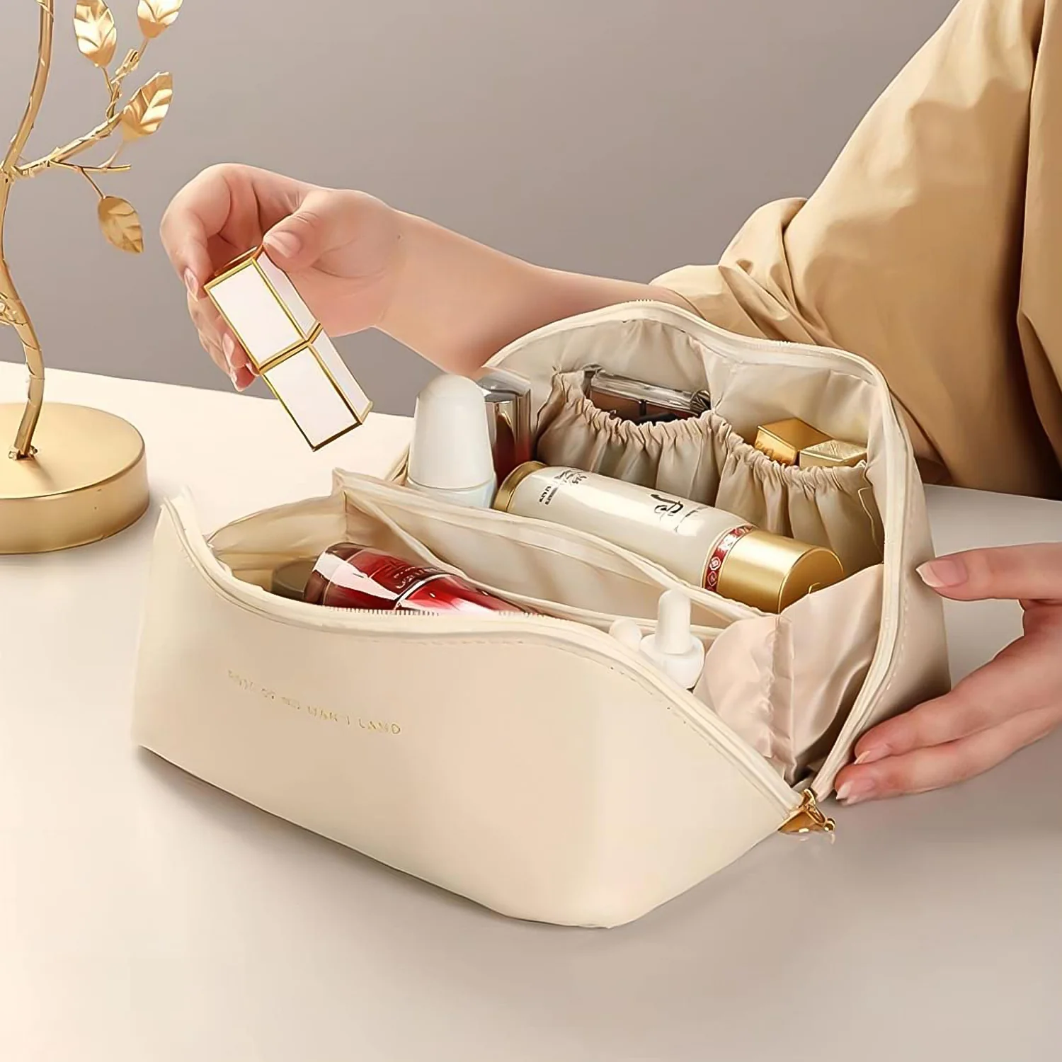 Premium Cream Travel Makeup & Toiletry Organizer Pouch with Zipper & Handle (1 Pc) - Image 6